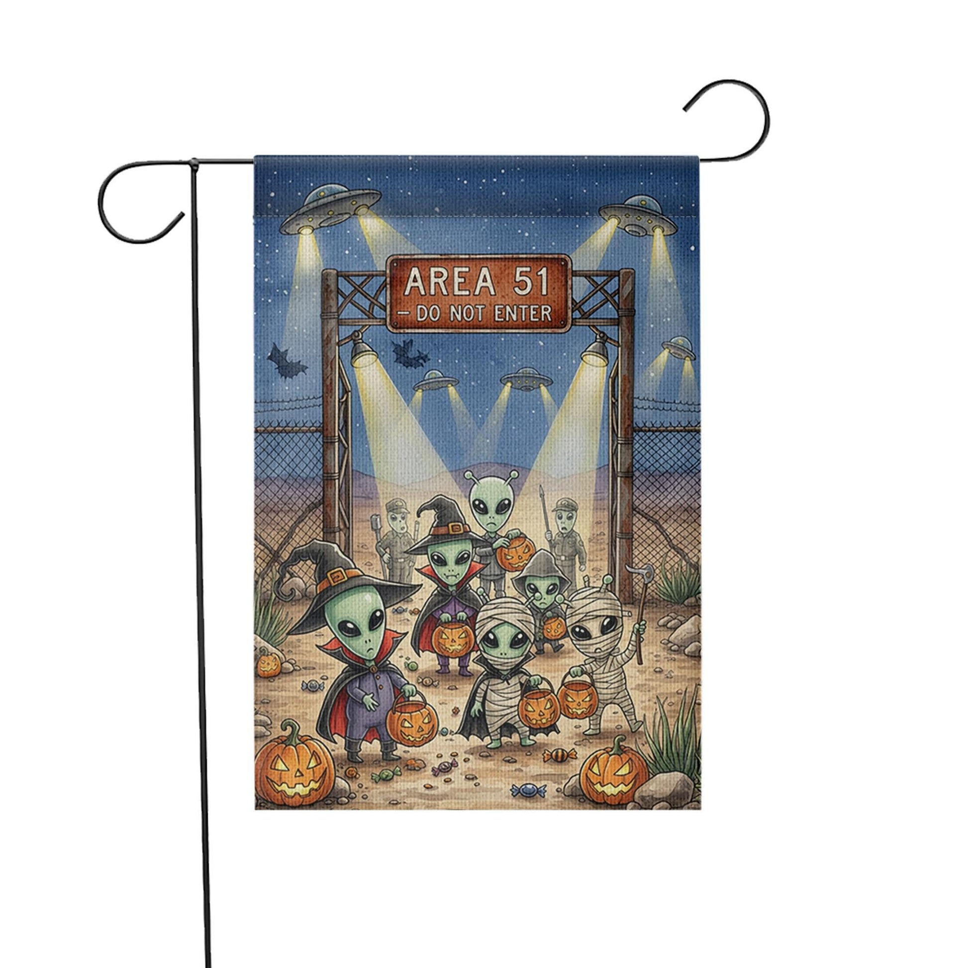 Alien Halloween Garden Flag | Area 51 Trick or Treat Decor | UFO Yard Sign | Funny Spooky Fall Outdoor Decoration