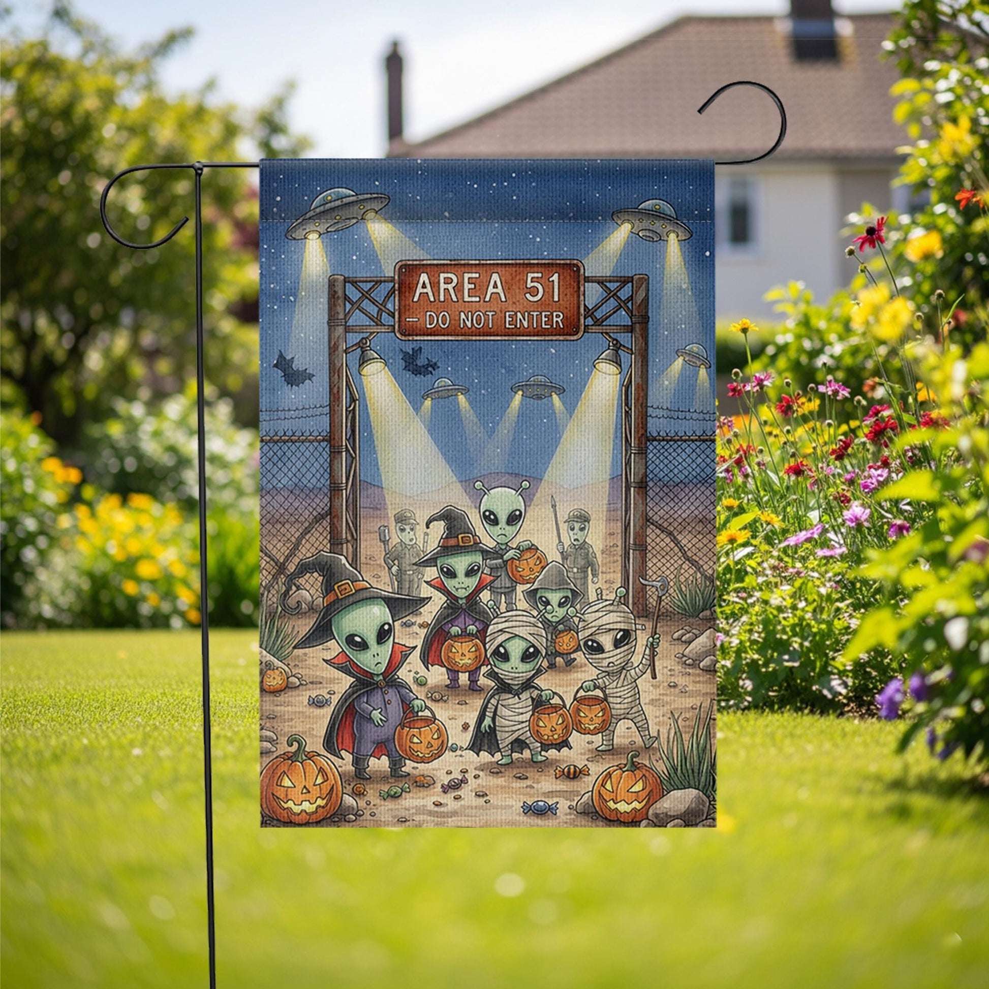 Alien Halloween Garden Flag | Area 51 Trick or Treat Decor | UFO Yard Sign | Funny Spooky Fall Outdoor Decoration