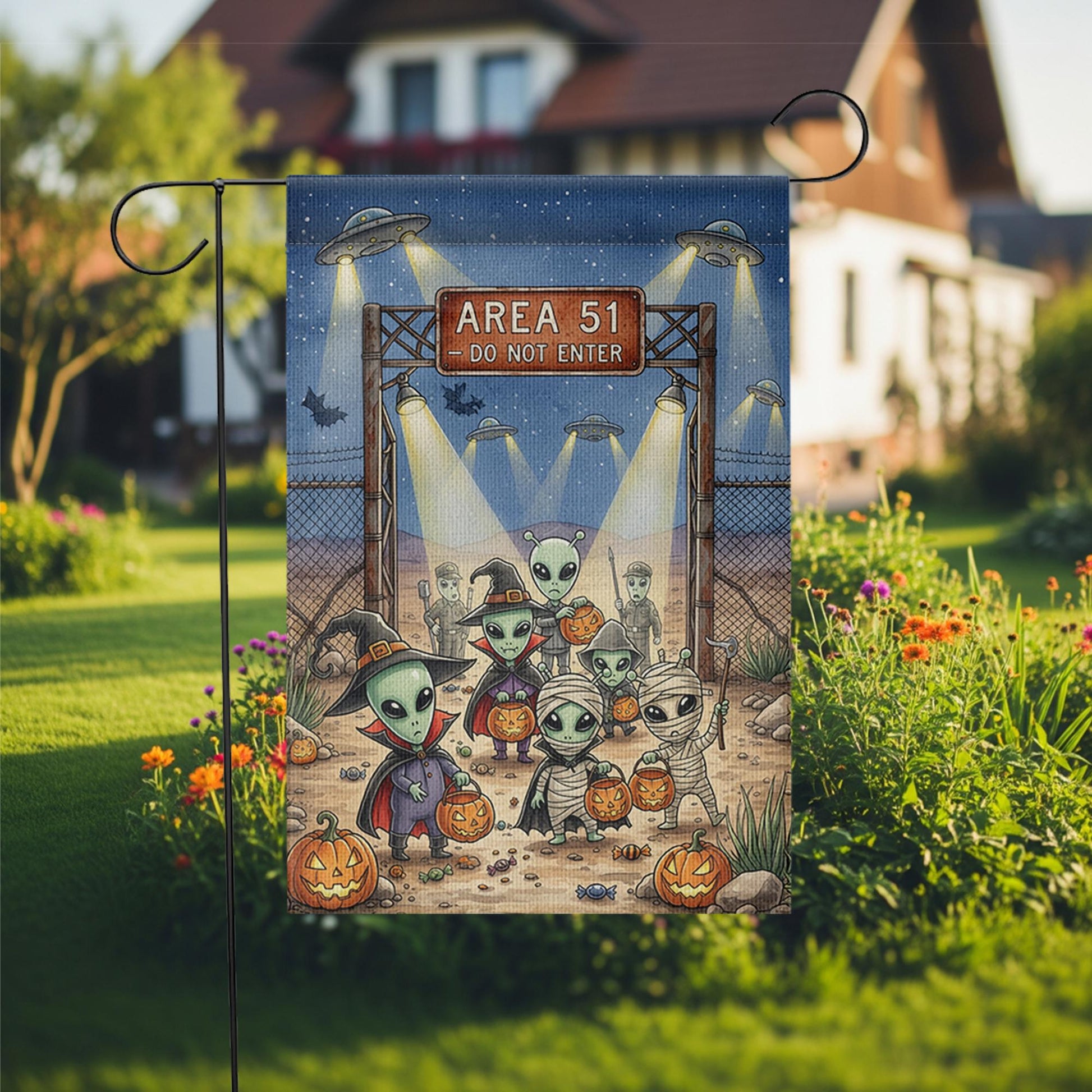 Alien Halloween Garden Flag | Area 51 Trick or Treat Decor | UFO Yard Sign | Funny Spooky Fall Outdoor Decoration
