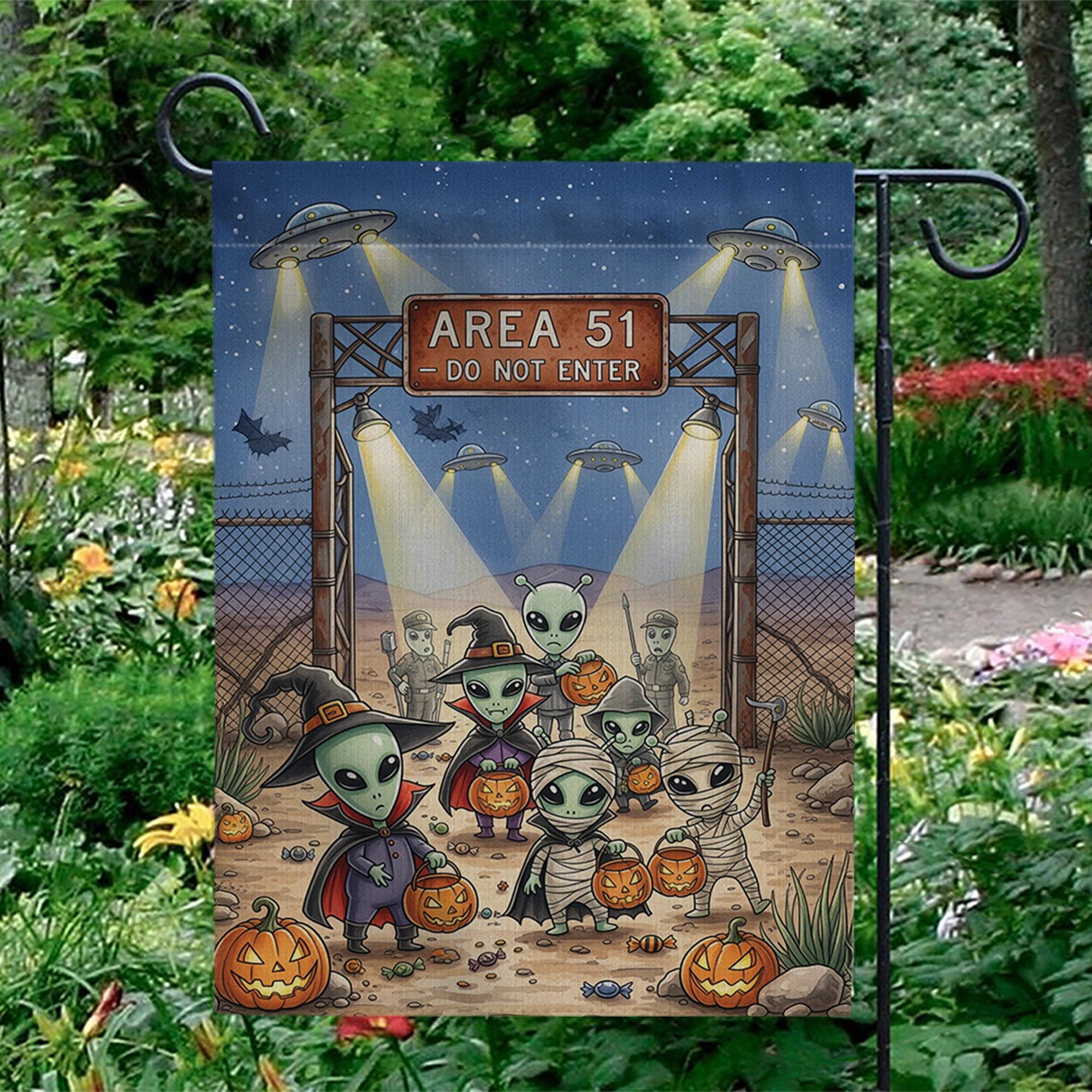 Alien Halloween Garden Flag | Area 51 Trick or Treat Decor | UFO Yard Sign | Funny Spooky Fall Outdoor Decoration