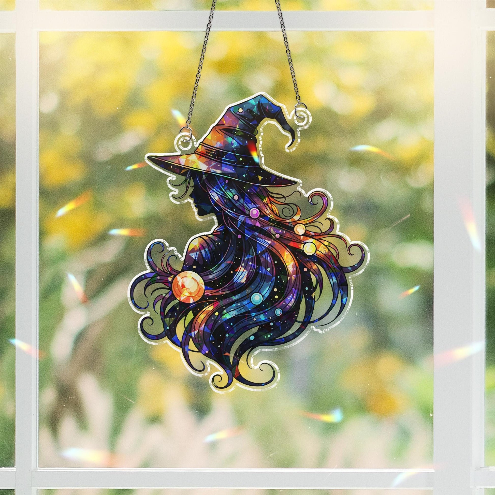 Galaxy Witch Suncatcher | Cosmic Witch Window Decor | Celestial Halloween Gift | Mystical Stained Glass Style Ornament