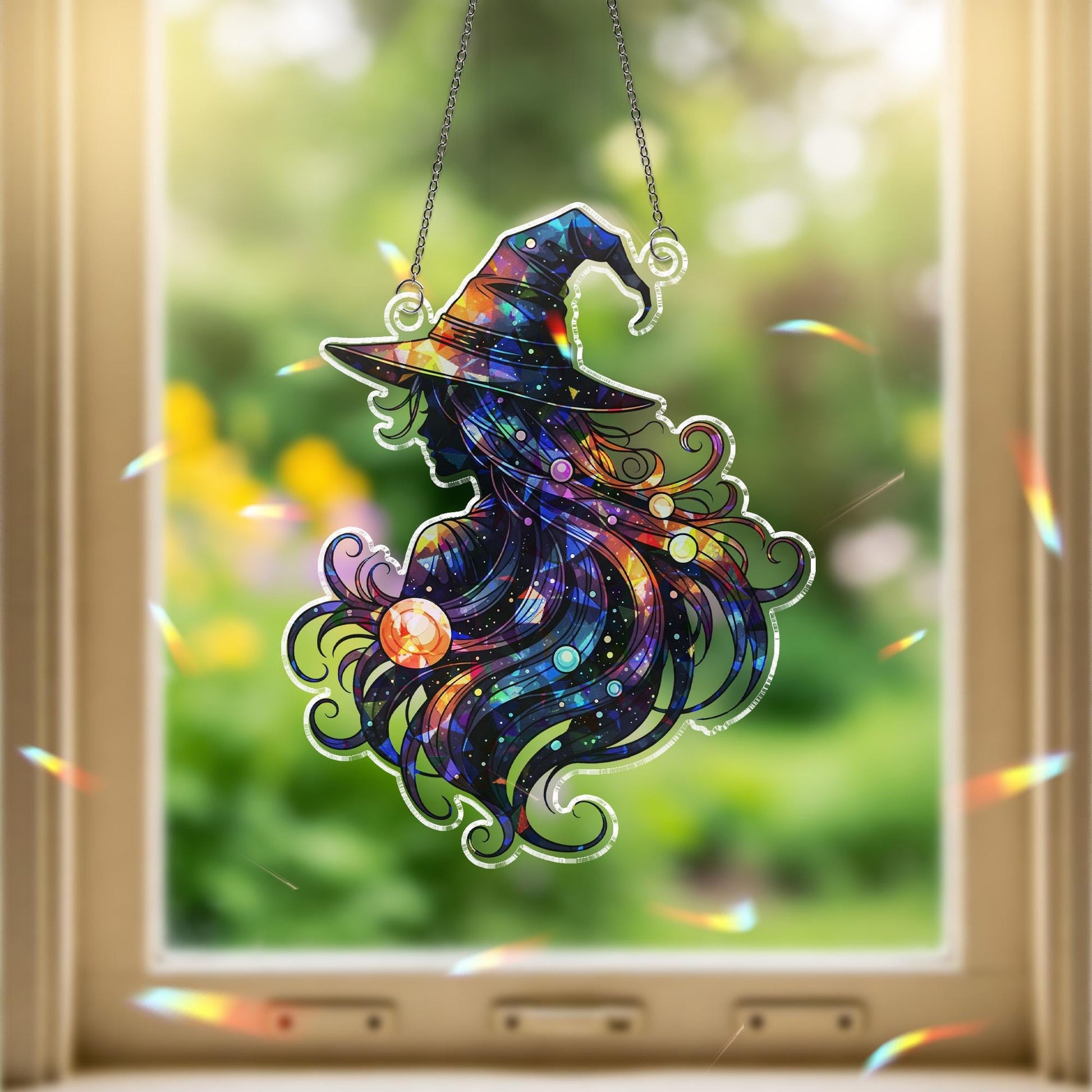 Galaxy Witch Suncatcher | Cosmic Witch Window Decor | Celestial Halloween Gift | Mystical Stained Glass Style Ornament