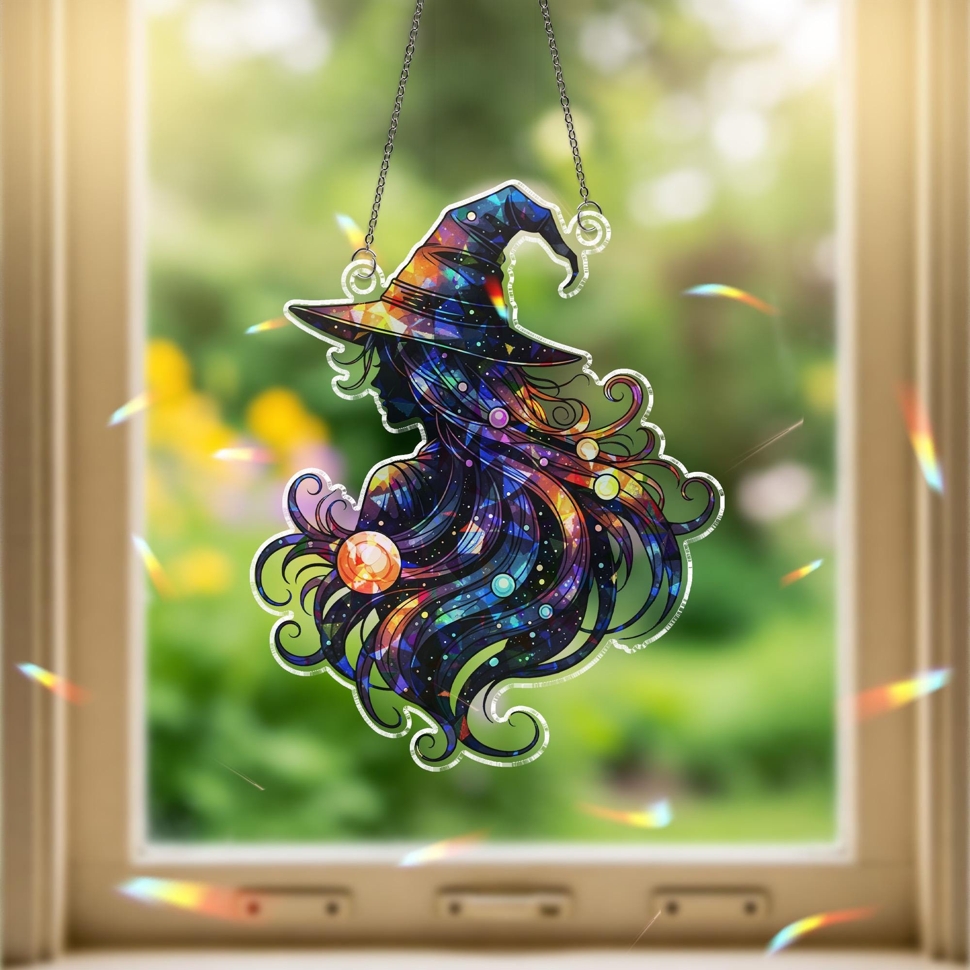 Galaxy Witch Suncatcher | Cosmic Witch Window Decor | Celestial Halloween Gift | Mystical Stained Glass Style Ornament