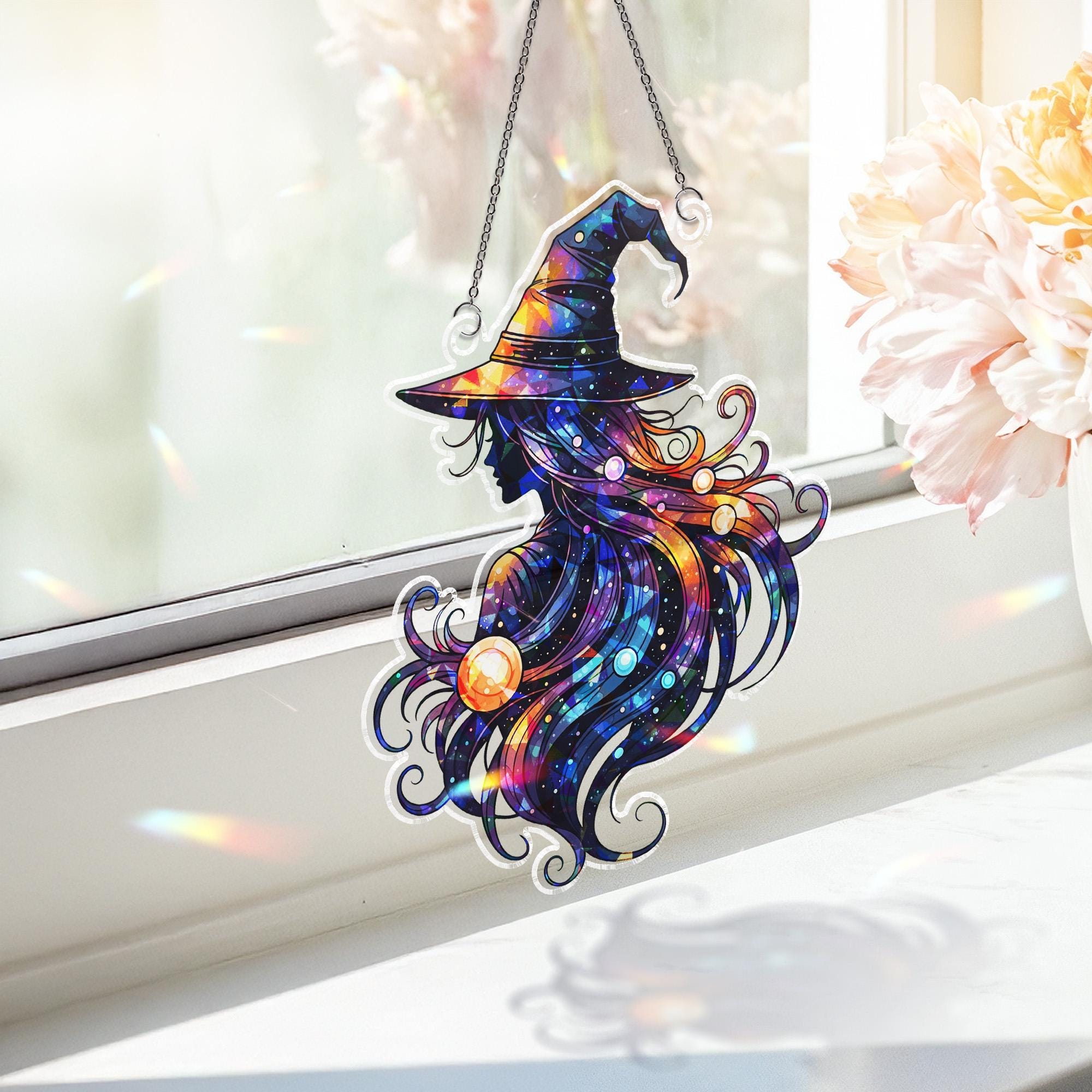 Galaxy Witch Suncatcher | Cosmic Witch Window Decor | Celestial Halloween Gift | Mystical Stained Glass Style Ornament