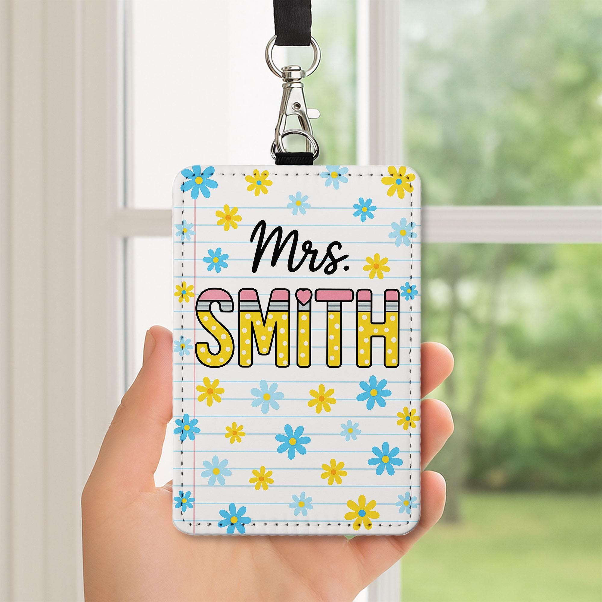 Personalized Teacher Badge Holder, Custom Name ID Tag, Floral Leather Lanyard, Cute Classroom Accessory, Back to School Gift