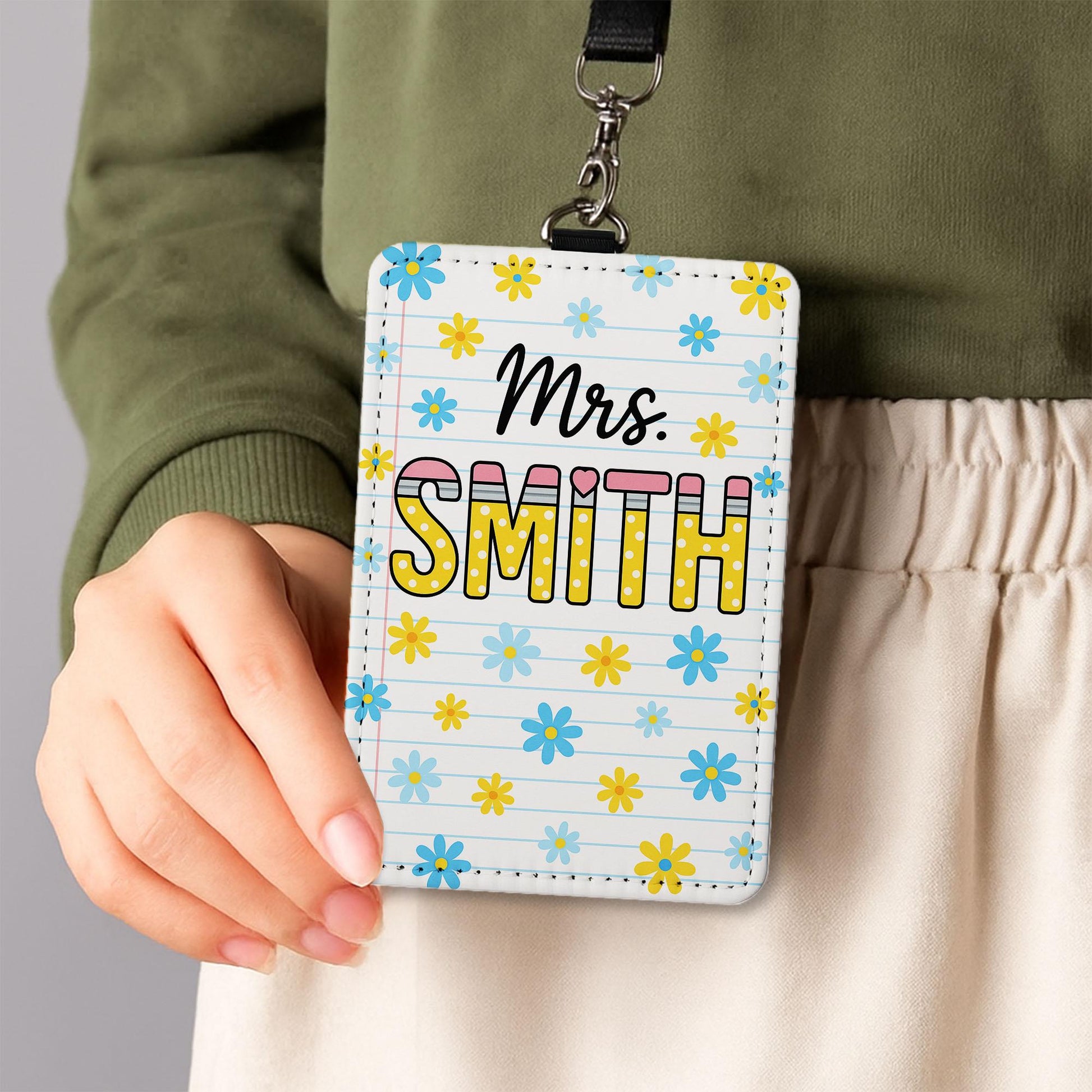Personalized Teacher Badge Holder, Custom Name ID Tag, Floral Leather Lanyard, Cute Classroom Accessory, Back to School Gift