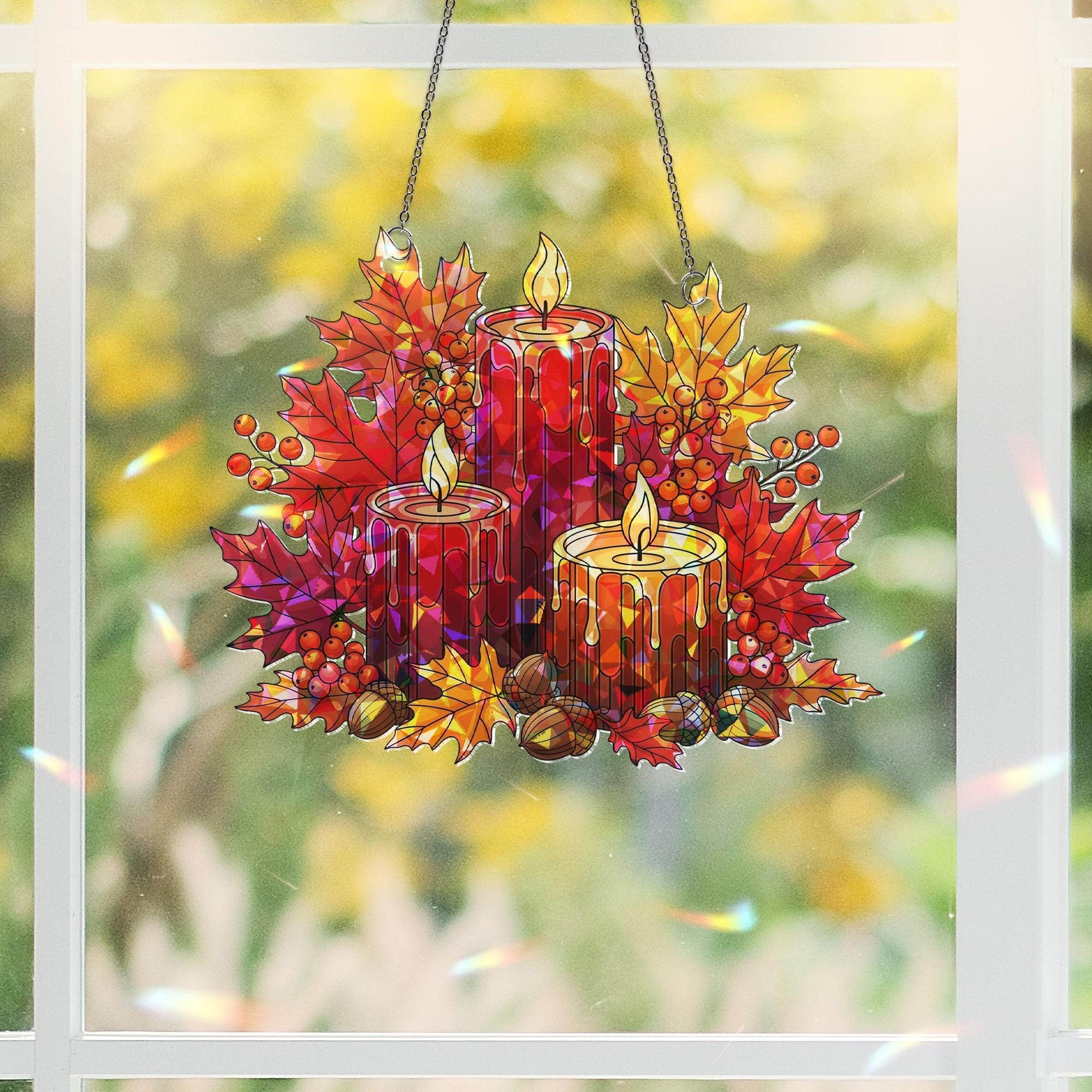 Fall Candle Suncatcher | Autumn Maple Leaf Window Decor | Thanksgiving Stained Glass Style Hanging | Cozy Fall Home Accent