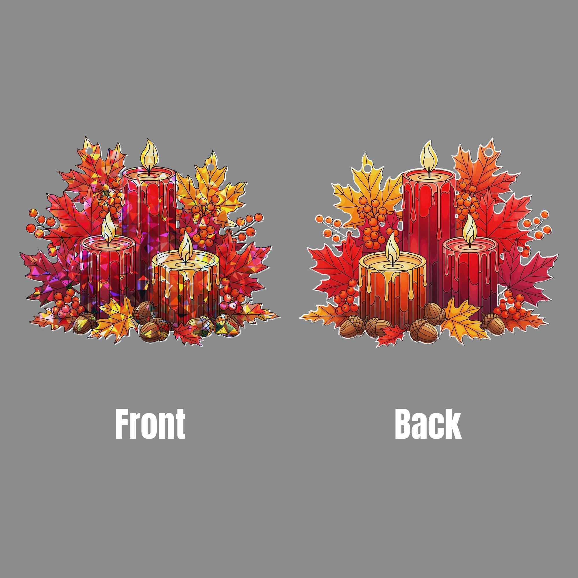 Fall Candle Suncatcher | Autumn Maple Leaf Window Decor | Thanksgiving Stained Glass Style Hanging | Cozy Fall Home Accent