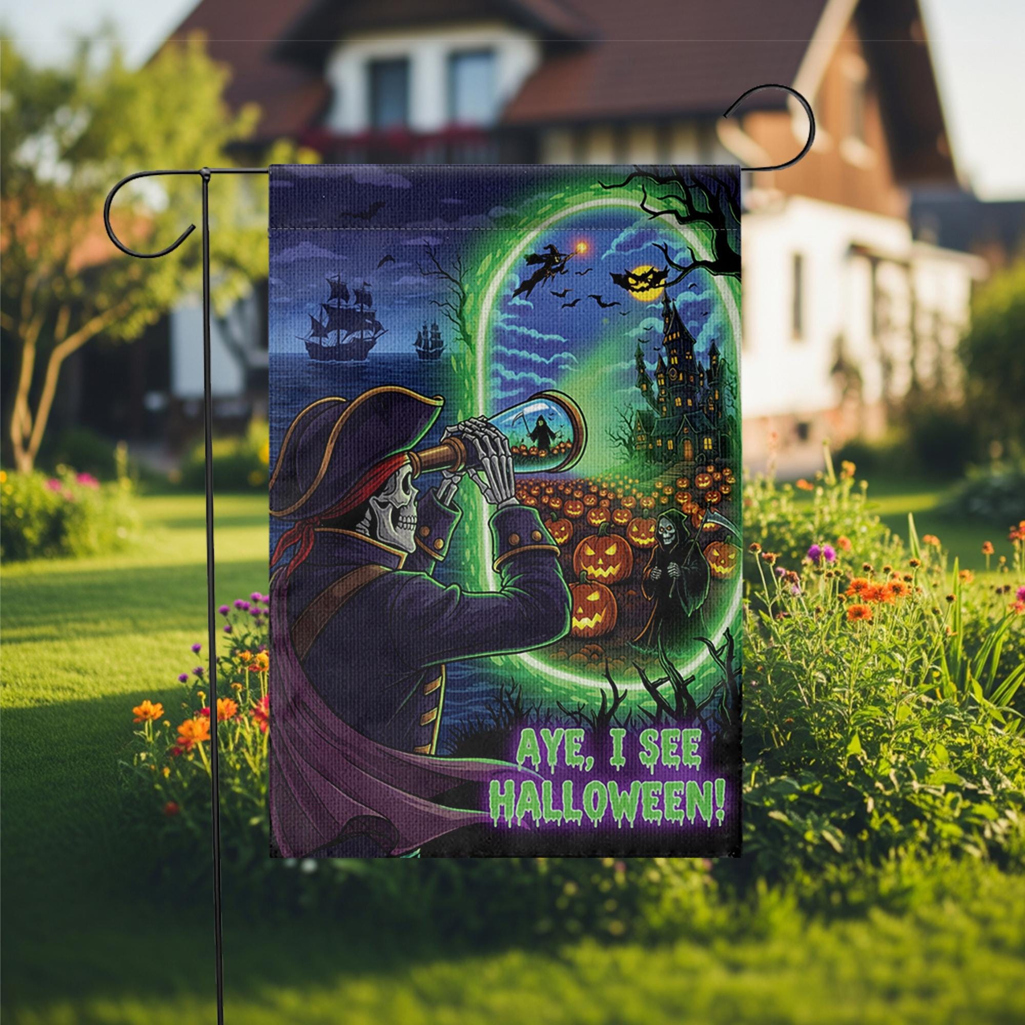 Pirate Halloween Garden Flag | Skeleton Aye I See Halloween Decor | Spooky Nautical Yard Sign | Funny Fall Outdoor Flag