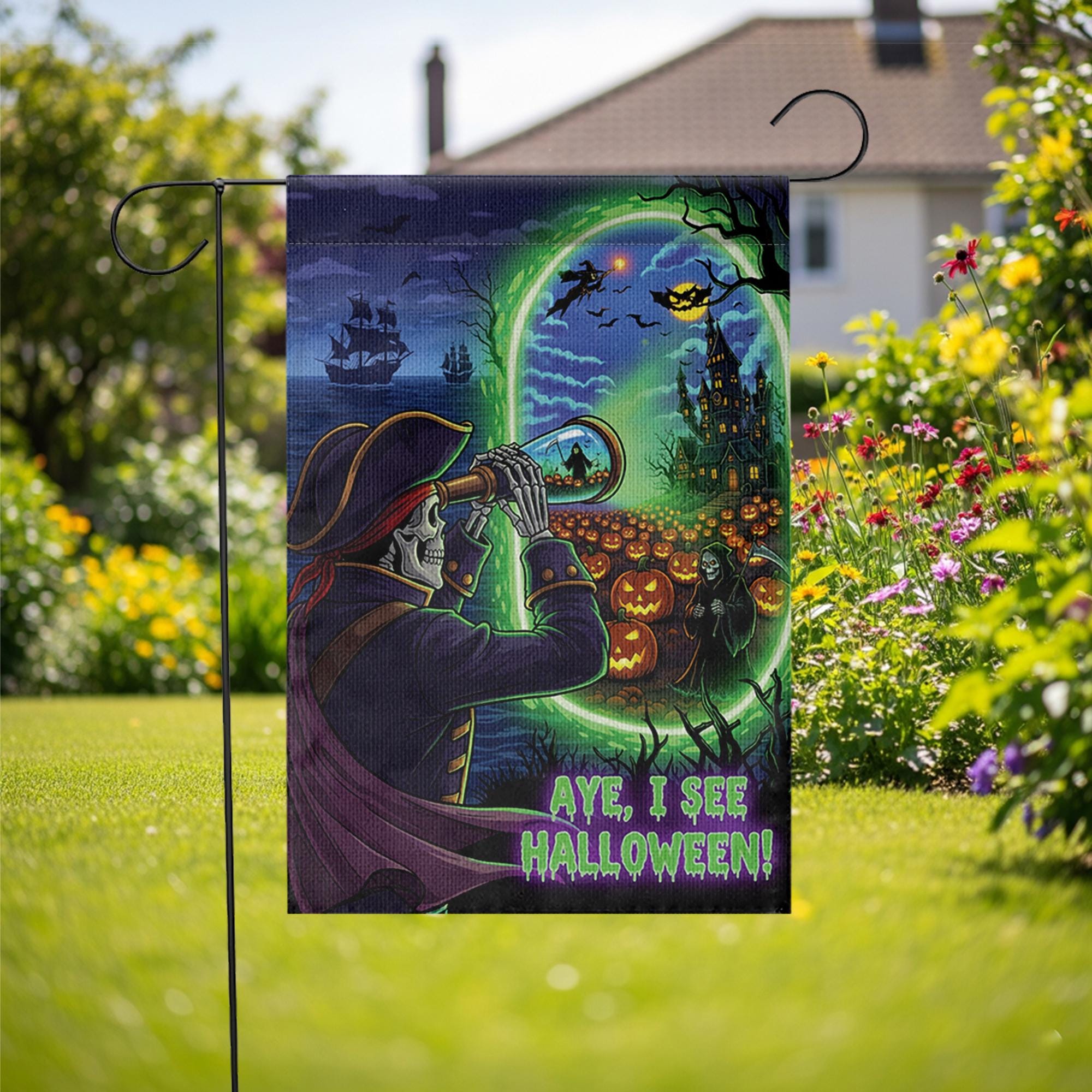 Pirate Halloween Garden Flag | Skeleton Aye I See Halloween Decor | Spooky Nautical Yard Sign | Funny Fall Outdoor Flag