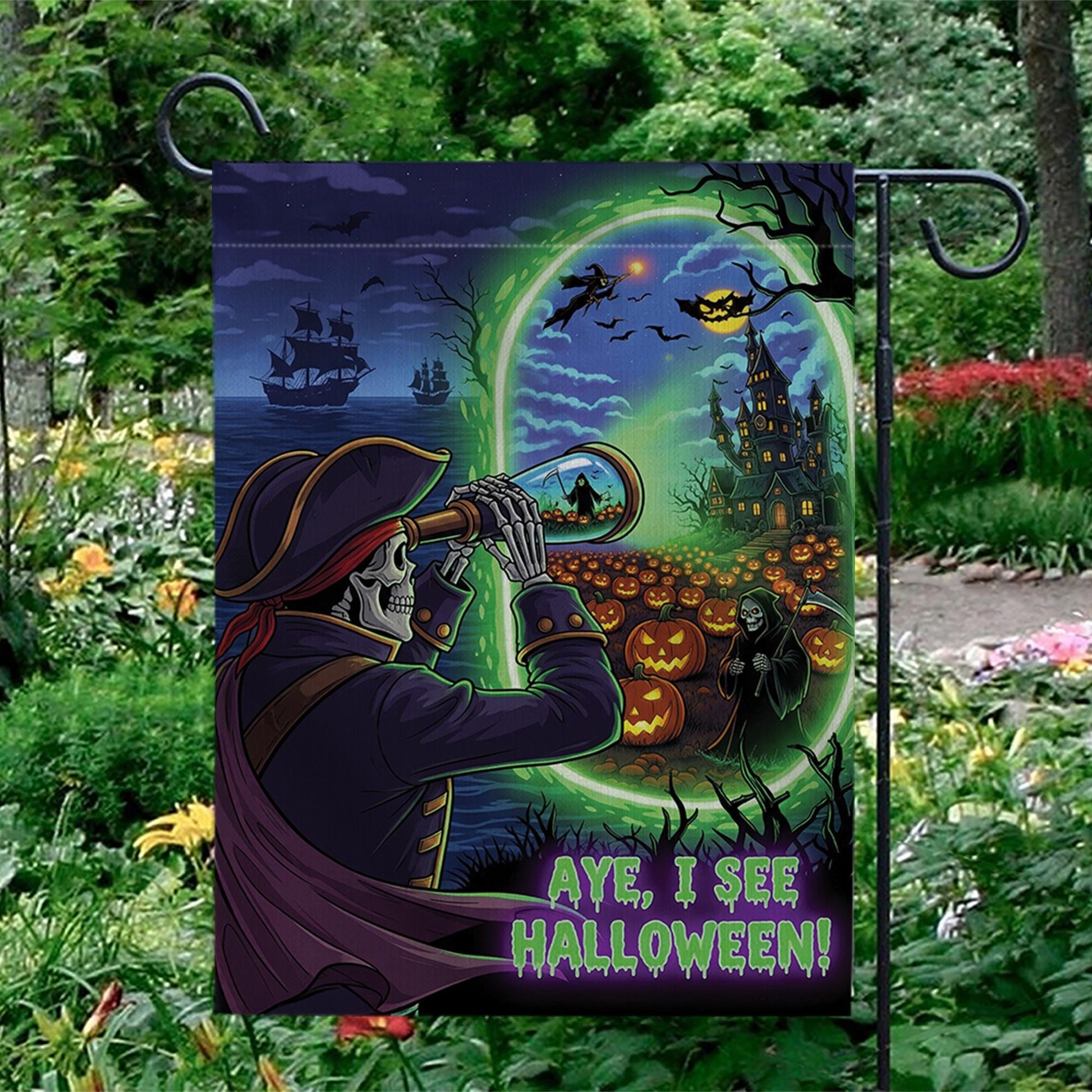 Pirate Halloween Garden Flag | Skeleton Aye I See Halloween Decor | Spooky Nautical Yard Sign | Funny Fall Outdoor Flag
