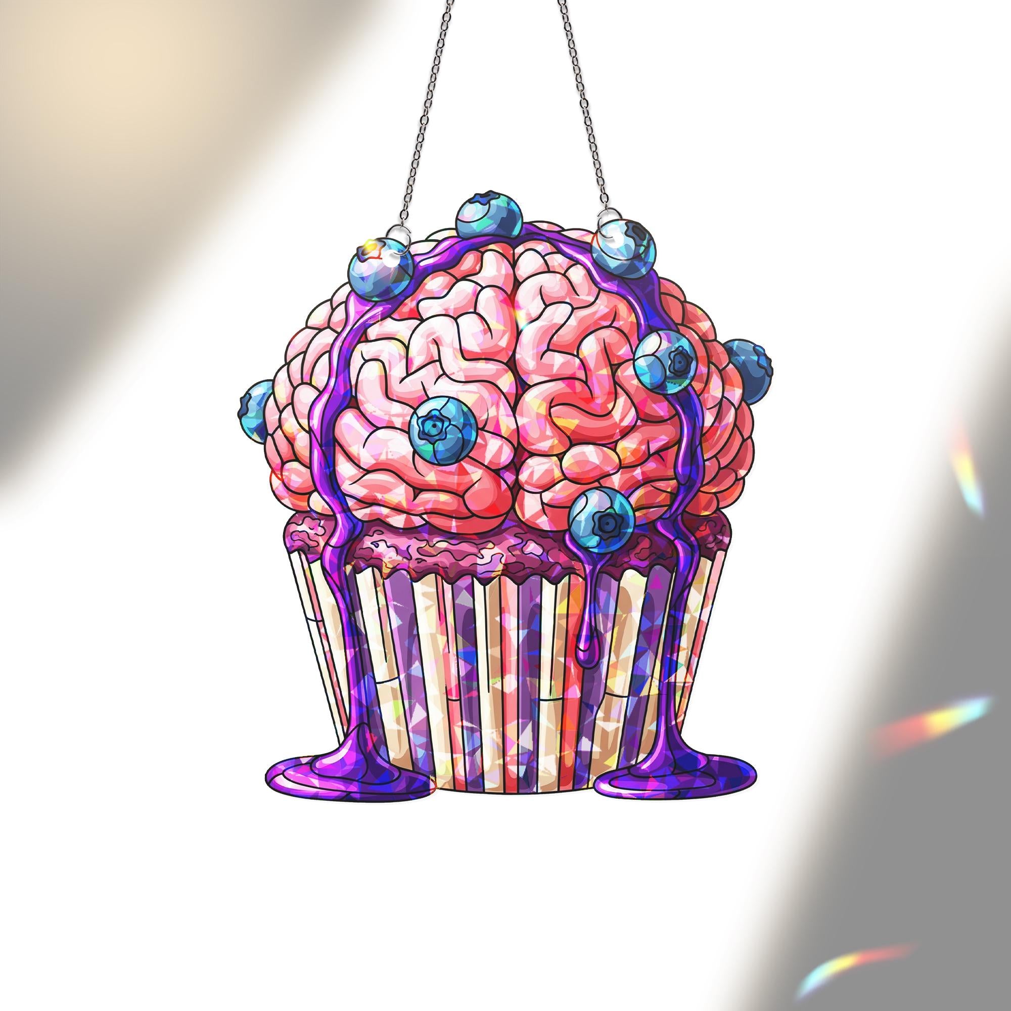 Brain Cupcake Suncatcher | Creepy Cute Halloween Window Decor | Zombie Bakery Horror Gift | Spooky Stained Glass Art