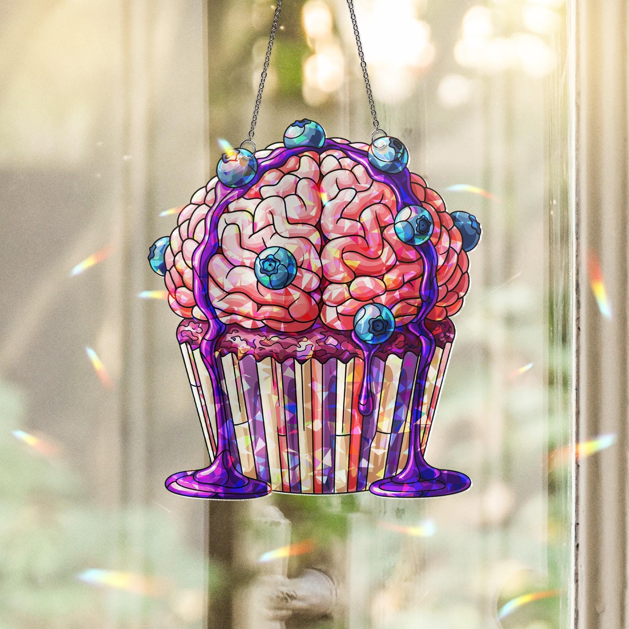 Brain Cupcake Suncatcher | Creepy Cute Halloween Window Decor | Zombie Bakery Horror Gift | Spooky Stained Glass Art