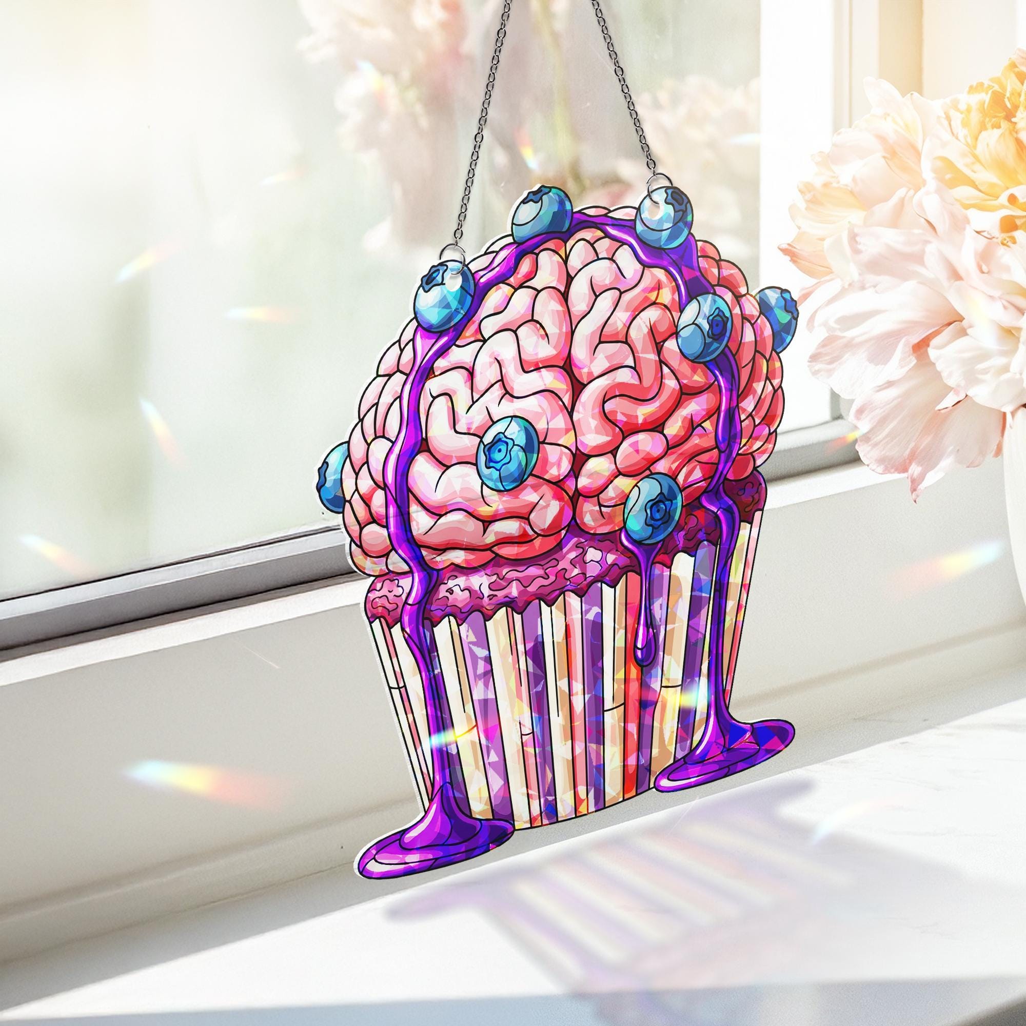 Brain Cupcake Suncatcher | Creepy Cute Halloween Window Decor | Zombie Bakery Horror Gift | Spooky Stained Glass Art
