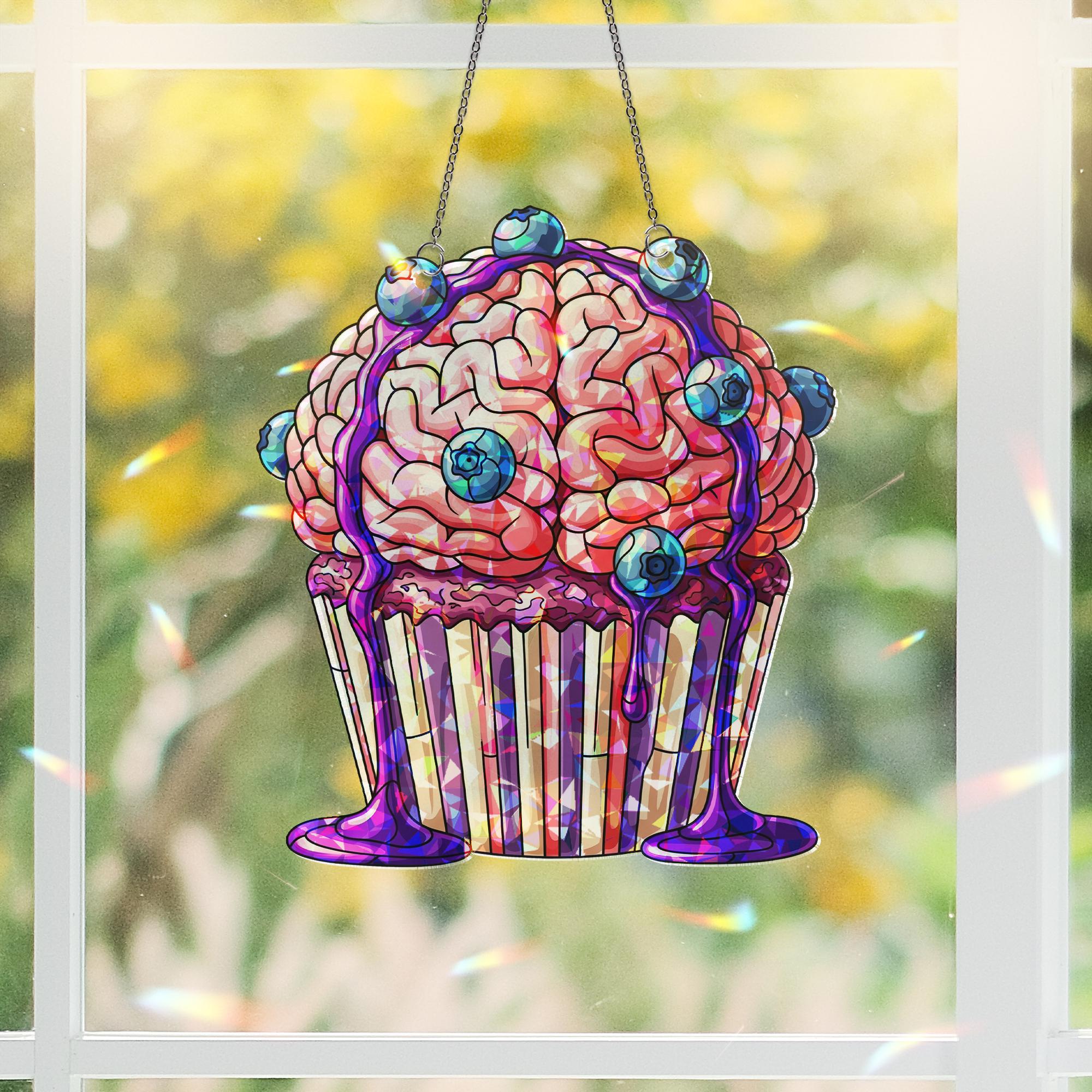 Brain Cupcake Suncatcher | Creepy Cute Halloween Window Decor | Zombie Bakery Horror Gift | Spooky Stained Glass Art