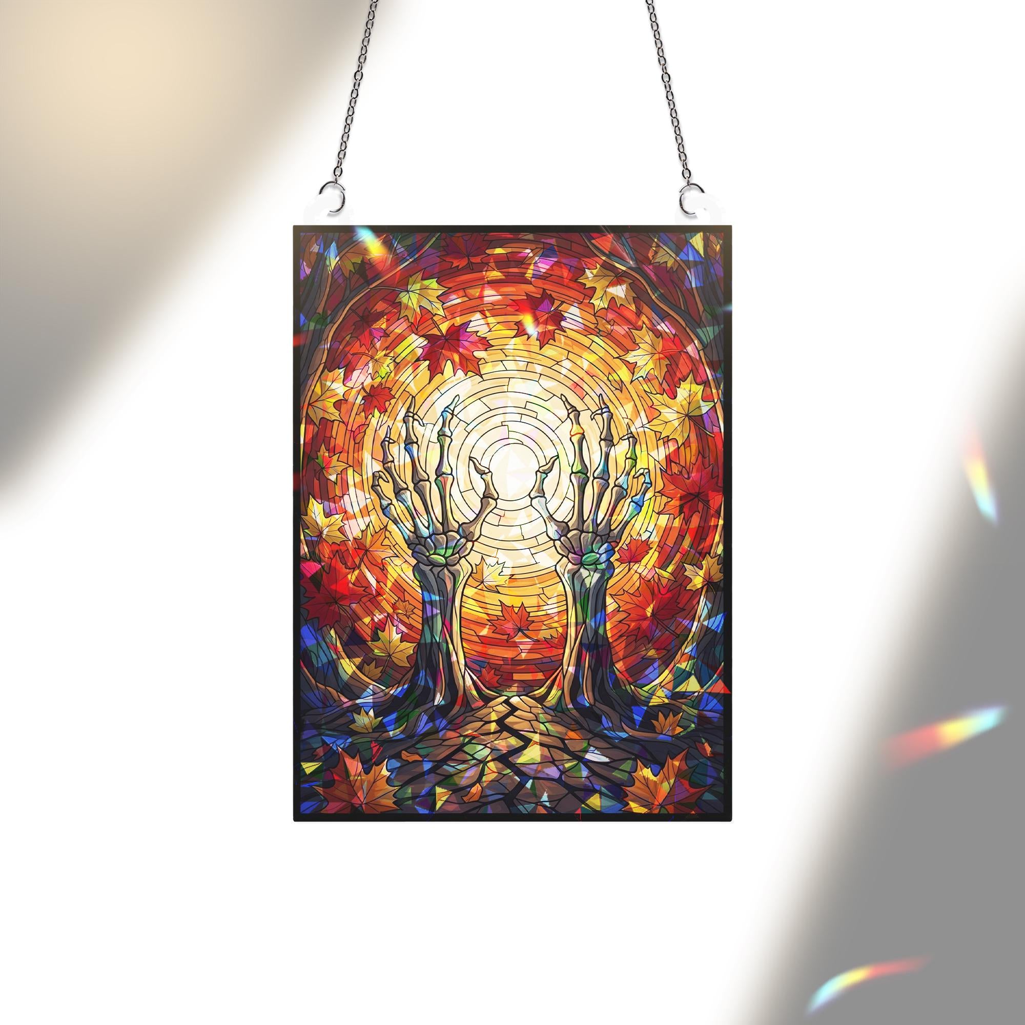 Skeleton Hands Fall Suncatcher | Autumn Leaves Gothic Window Decor | Spooky Stained Glass Style Hanging | Halloween Sun Catcher