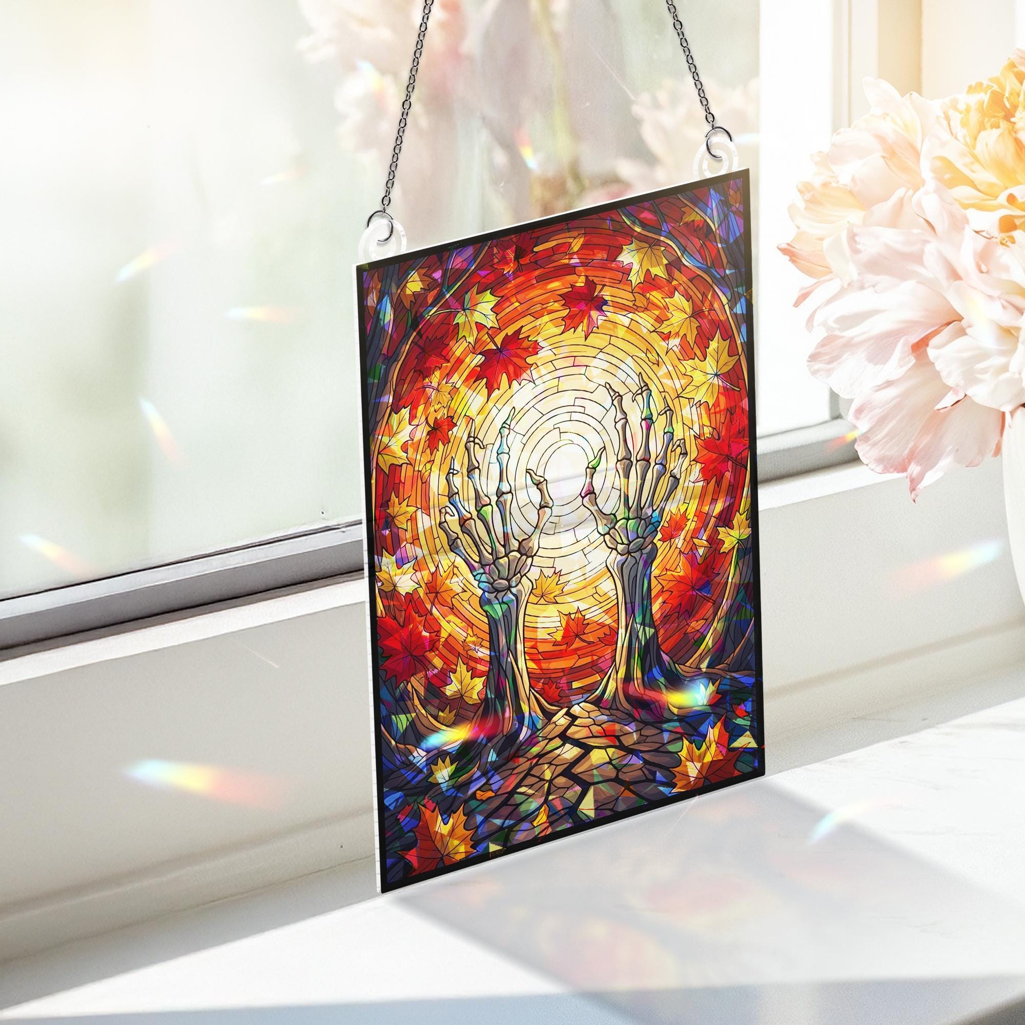 Skeleton Hands Fall Suncatcher | Autumn Leaves Gothic Window Decor | Spooky Stained Glass Style Hanging | Halloween Sun Catcher