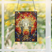 Skeleton Hands Fall Suncatcher | Autumn Leaves Gothic Window Decor | Spooky Stained Glass Style Hanging | Halloween Sun Catcher