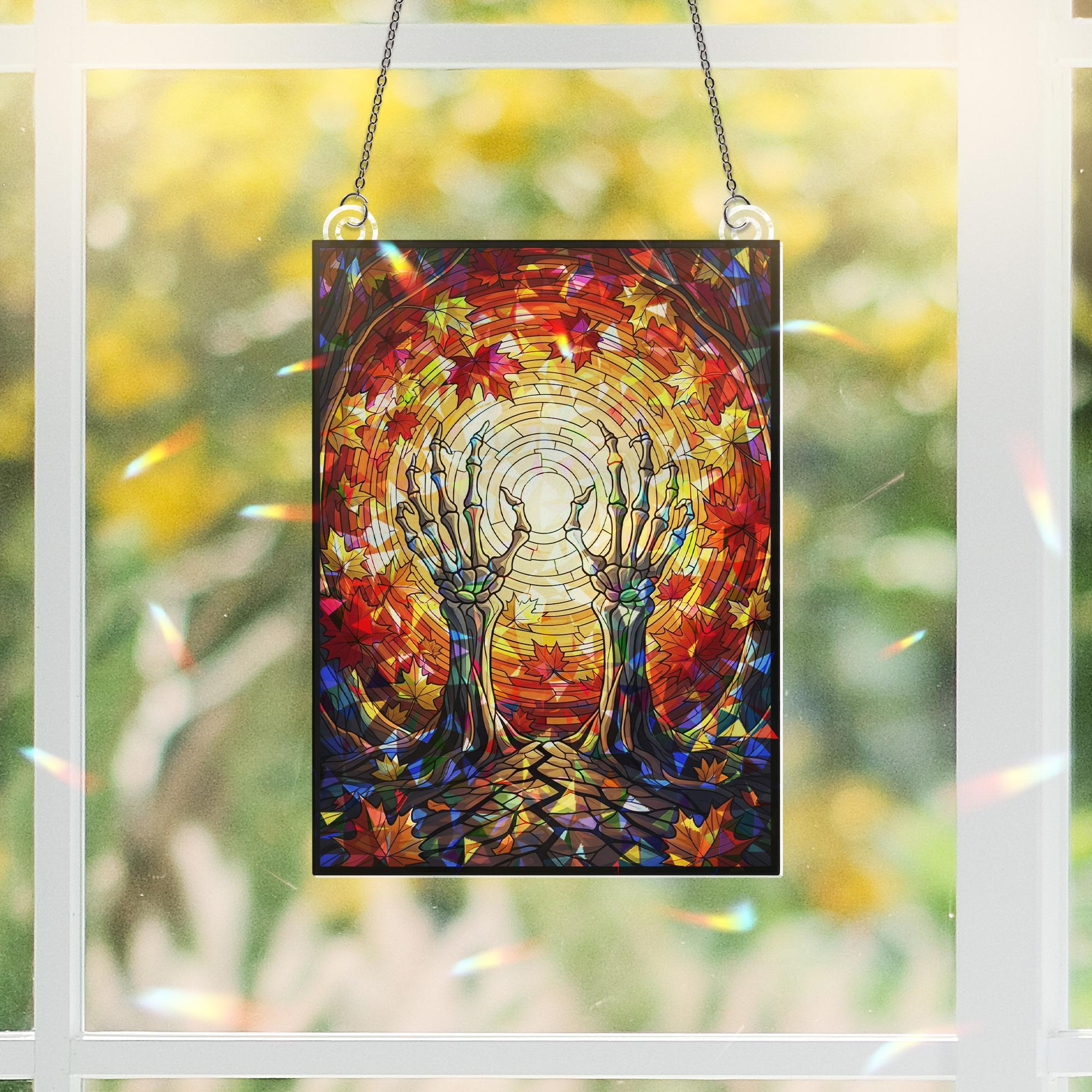 Skeleton Hands Fall Suncatcher | Autumn Leaves Gothic Window Decor | Spooky Stained Glass Style Hanging | Halloween Sun Catcher