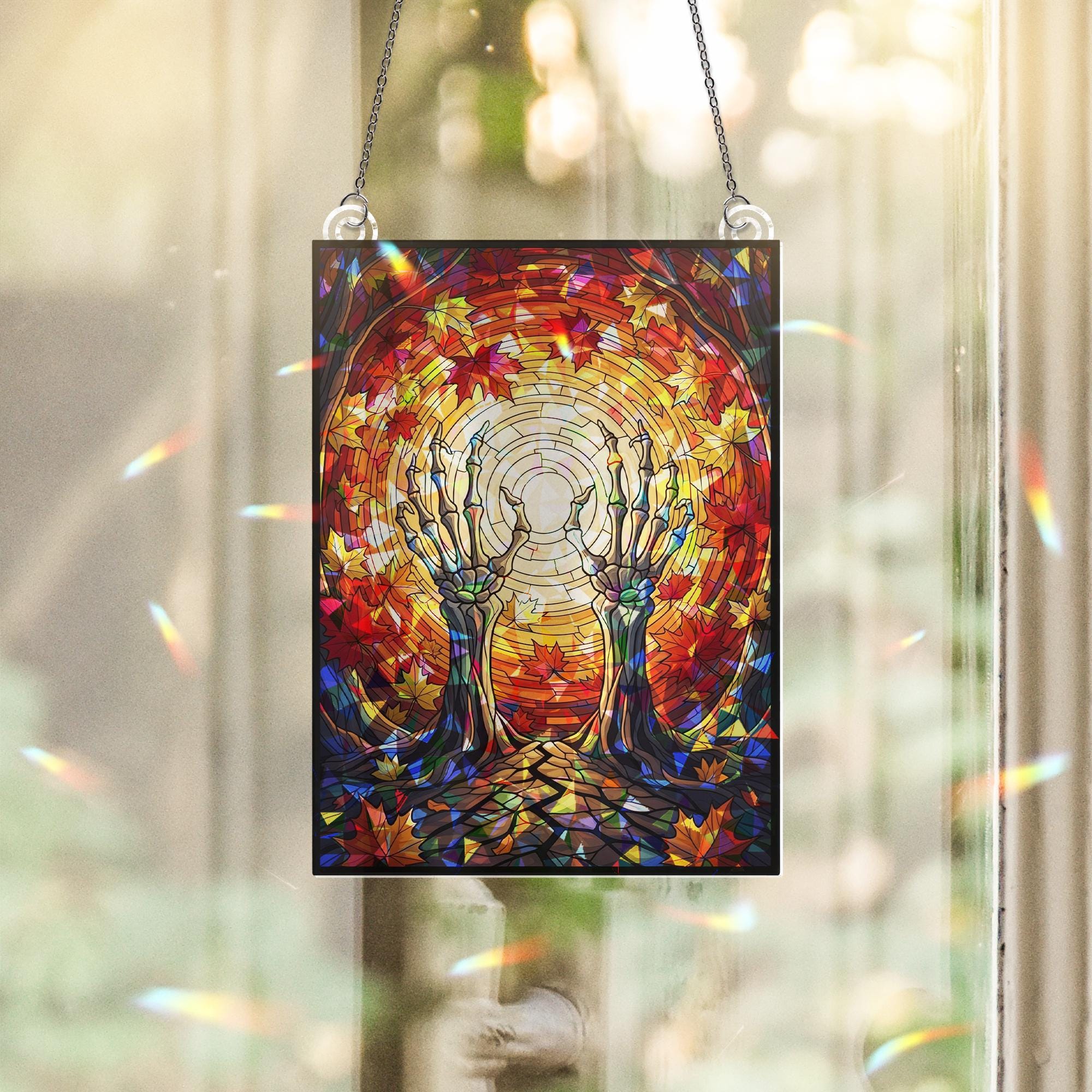 Skeleton Hands Fall Suncatcher | Autumn Leaves Gothic Window Decor | Spooky Stained Glass Style Hanging | Halloween Sun Catcher