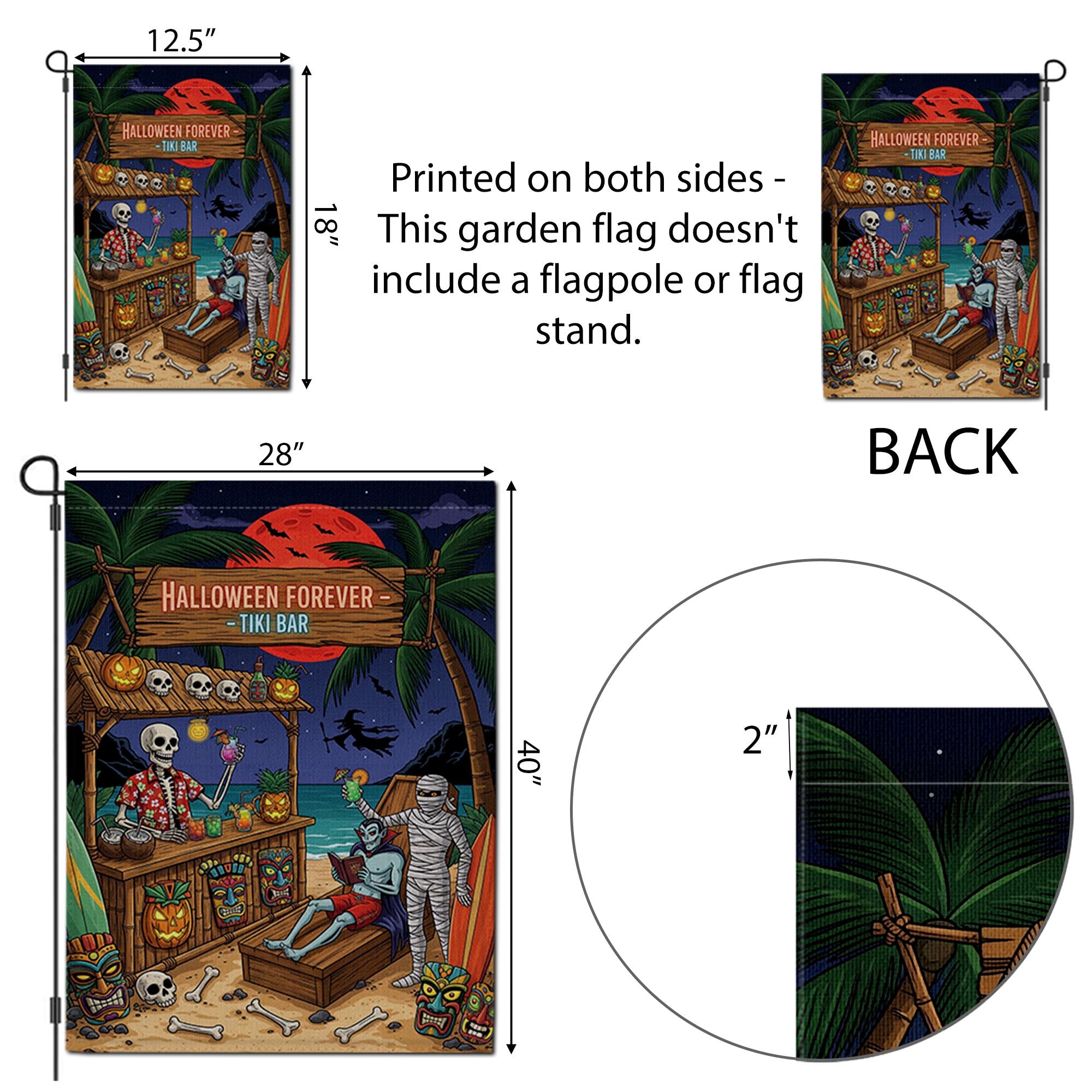 Halloween Tiki Bar Garden Flag - Funny Skeleton Outdoor Decor, Spooky Luau Yard Sign, Mummy Beach Halloween Flag