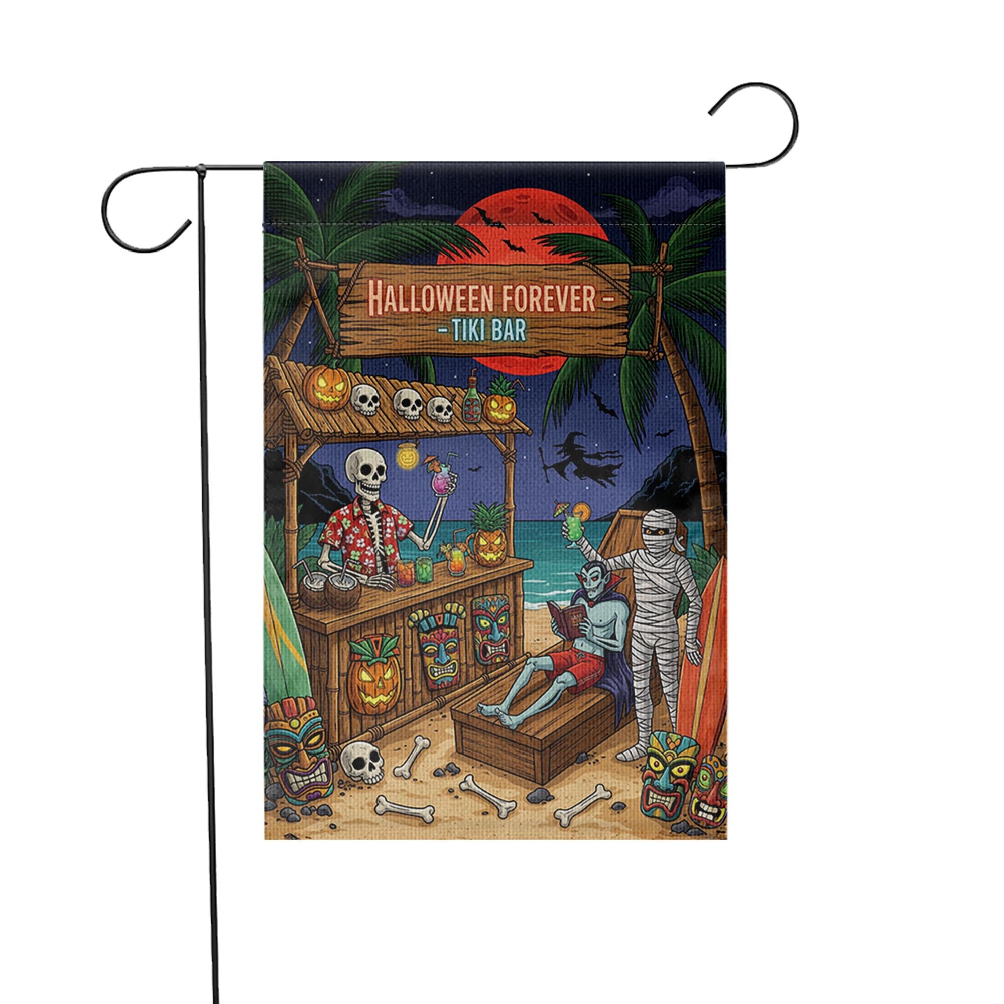 Halloween Tiki Bar Garden Flag - Funny Skeleton Outdoor Decor, Spooky Luau Yard Sign, Mummy Beach Halloween Flag
