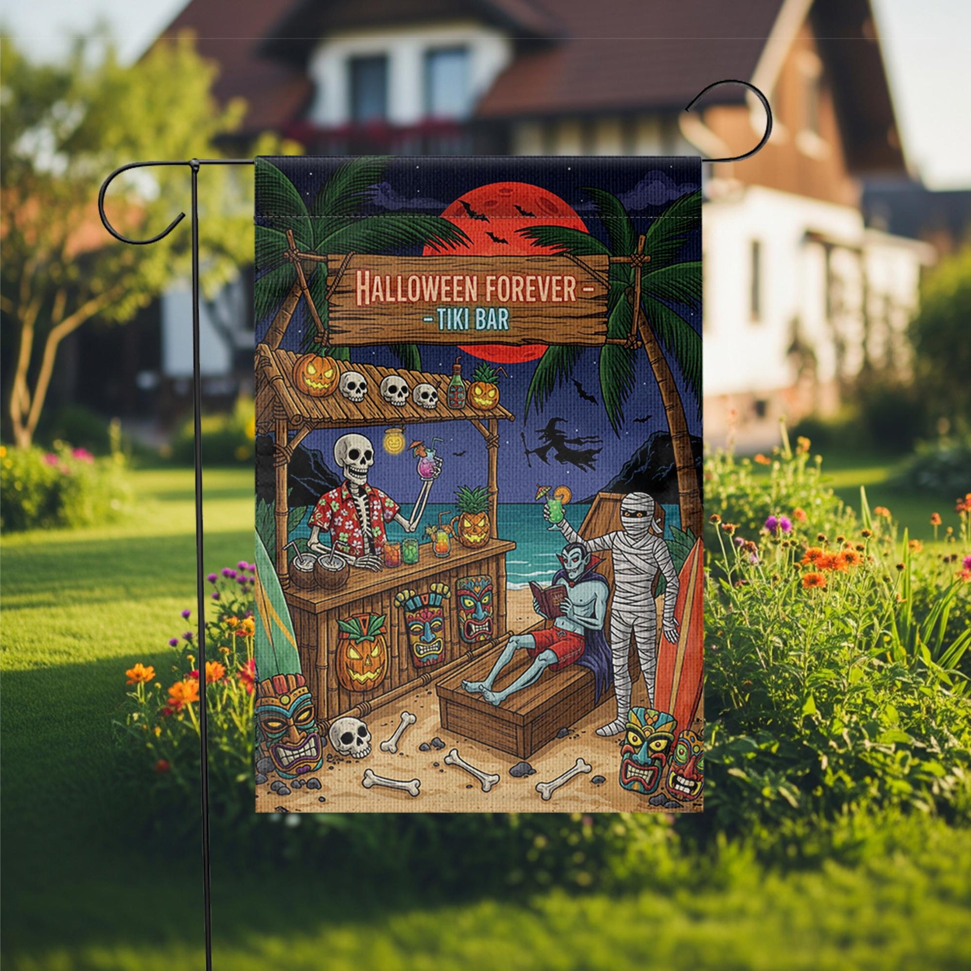 Halloween Tiki Bar Garden Flag - Funny Skeleton Outdoor Decor, Spooky Luau Yard Sign, Mummy Beach Halloween Flag