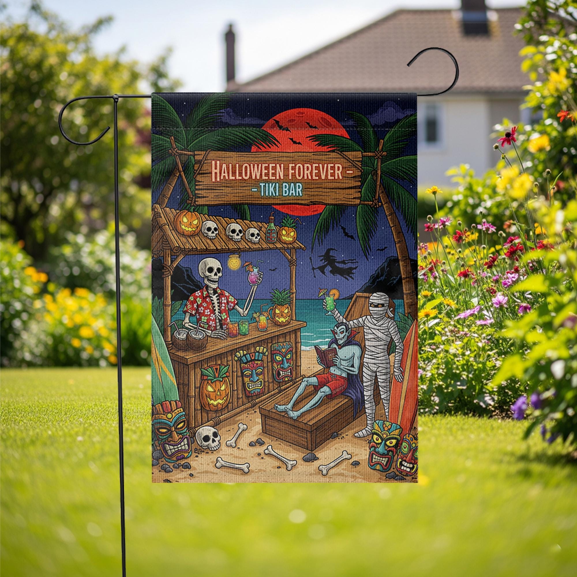 Halloween Tiki Bar Garden Flag - Funny Skeleton Outdoor Decor, Spooky Luau Yard Sign, Mummy Beach Halloween Flag
