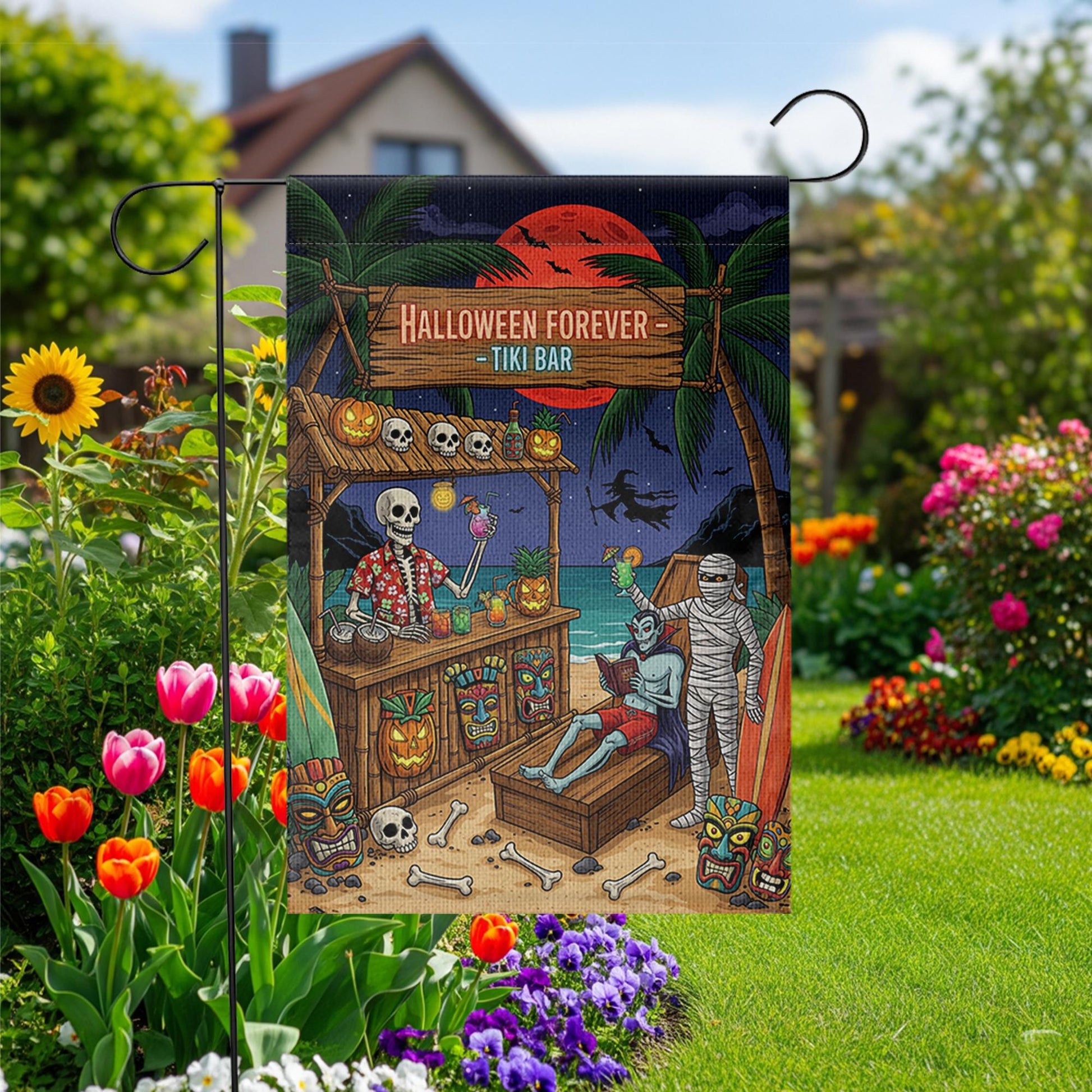 Halloween Tiki Bar Garden Flag - Funny Skeleton Outdoor Decor, Spooky Luau Yard Sign, Mummy Beach Halloween Flag
