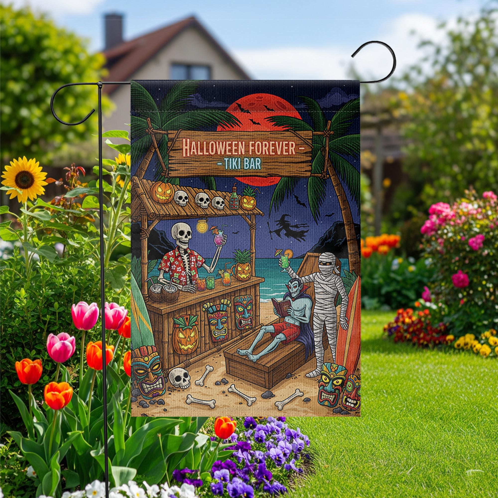 Halloween Tiki Bar Garden Flag - Funny Skeleton Outdoor Decor, Spooky Luau Yard Sign, Mummy Beach Halloween Flag
