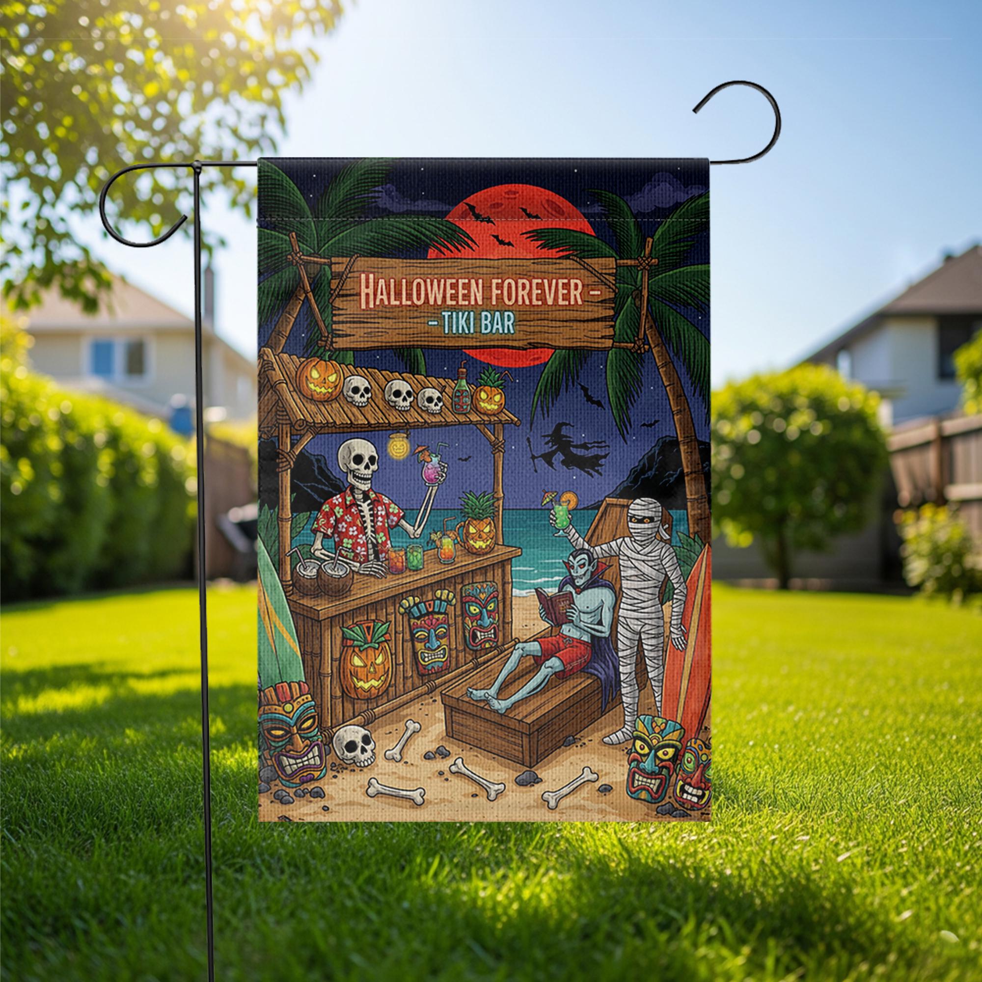 Halloween Tiki Bar Garden Flag - Funny Skeleton Outdoor Decor, Spooky Luau Yard Sign, Mummy Beach Halloween Flag