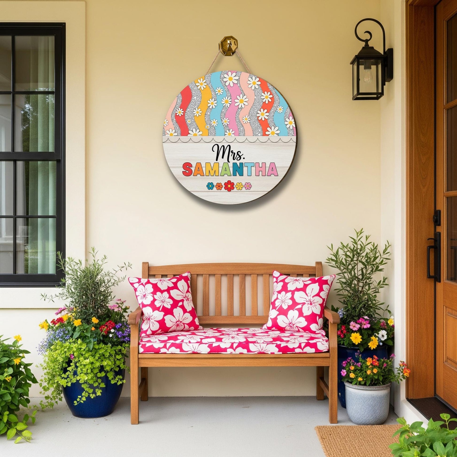 Custom Teacher Door Sign, Personalized Rainbow Floral Classroom Decor, Back to School Wooden Sign, Teacher Gift Idea