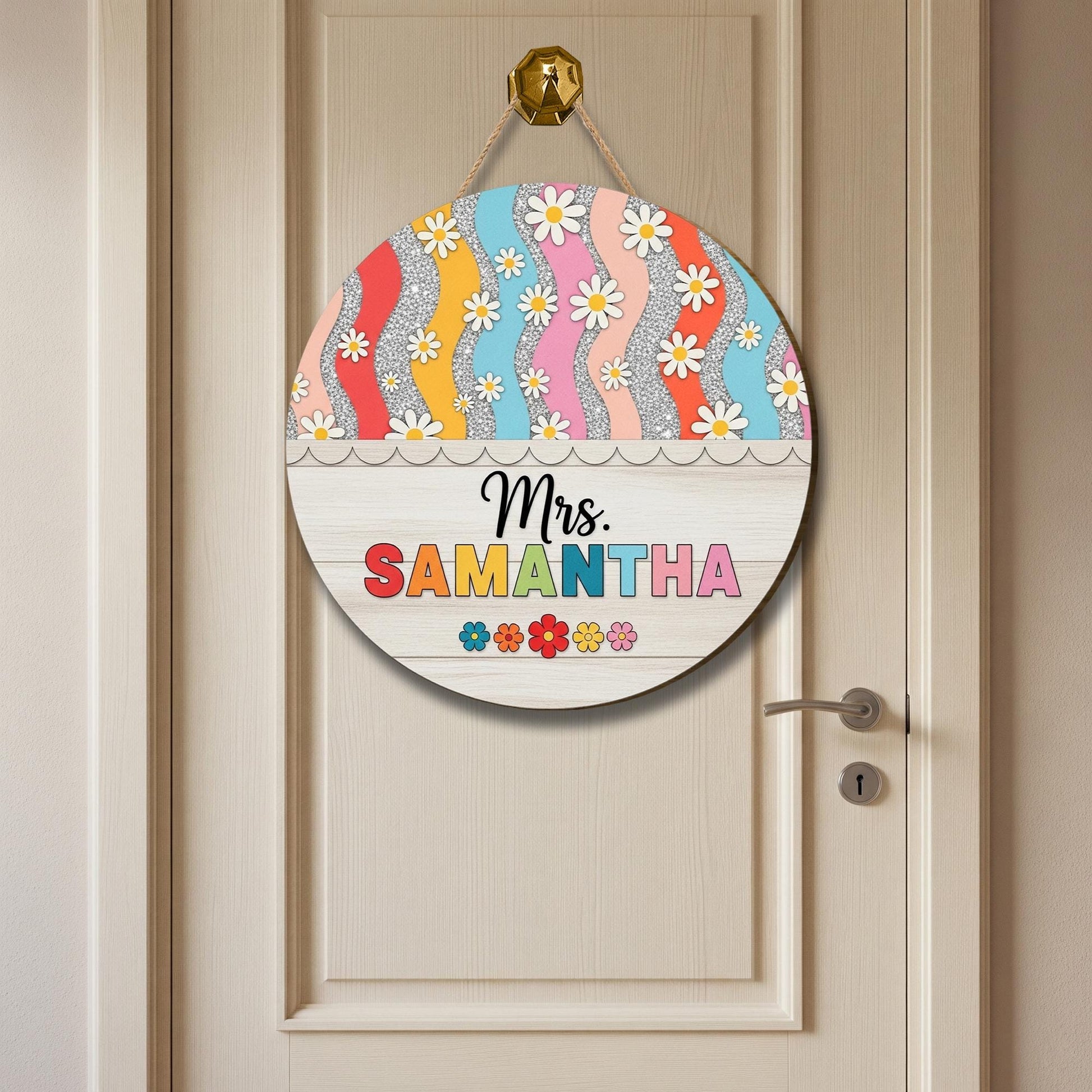 Custom Teacher Door Sign, Personalized Rainbow Floral Classroom Decor, Back to School Wooden Sign, Teacher Gift Idea