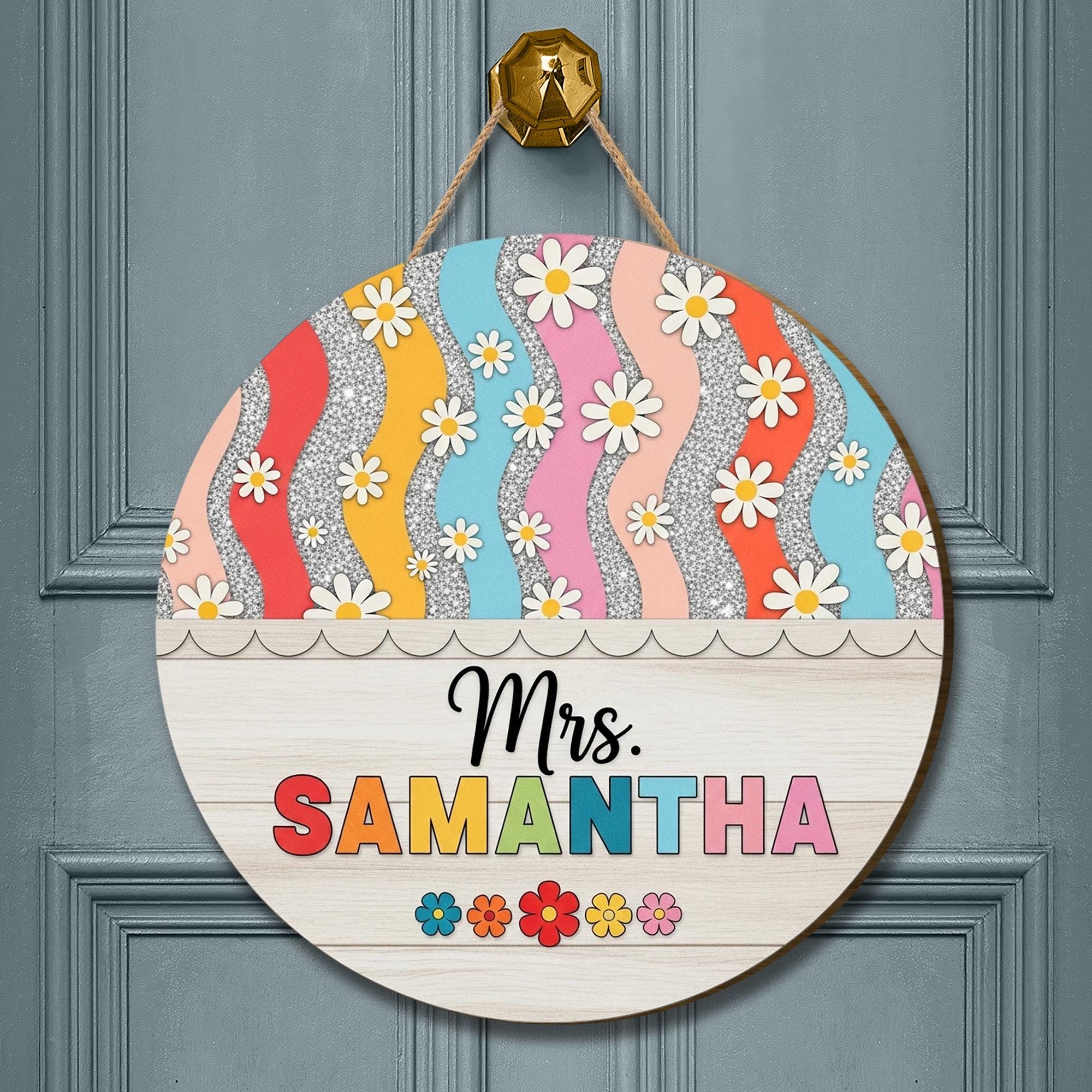 Custom Teacher Door Sign, Personalized Rainbow Floral Classroom Decor, Back to School Wooden Sign, Teacher Gift Idea