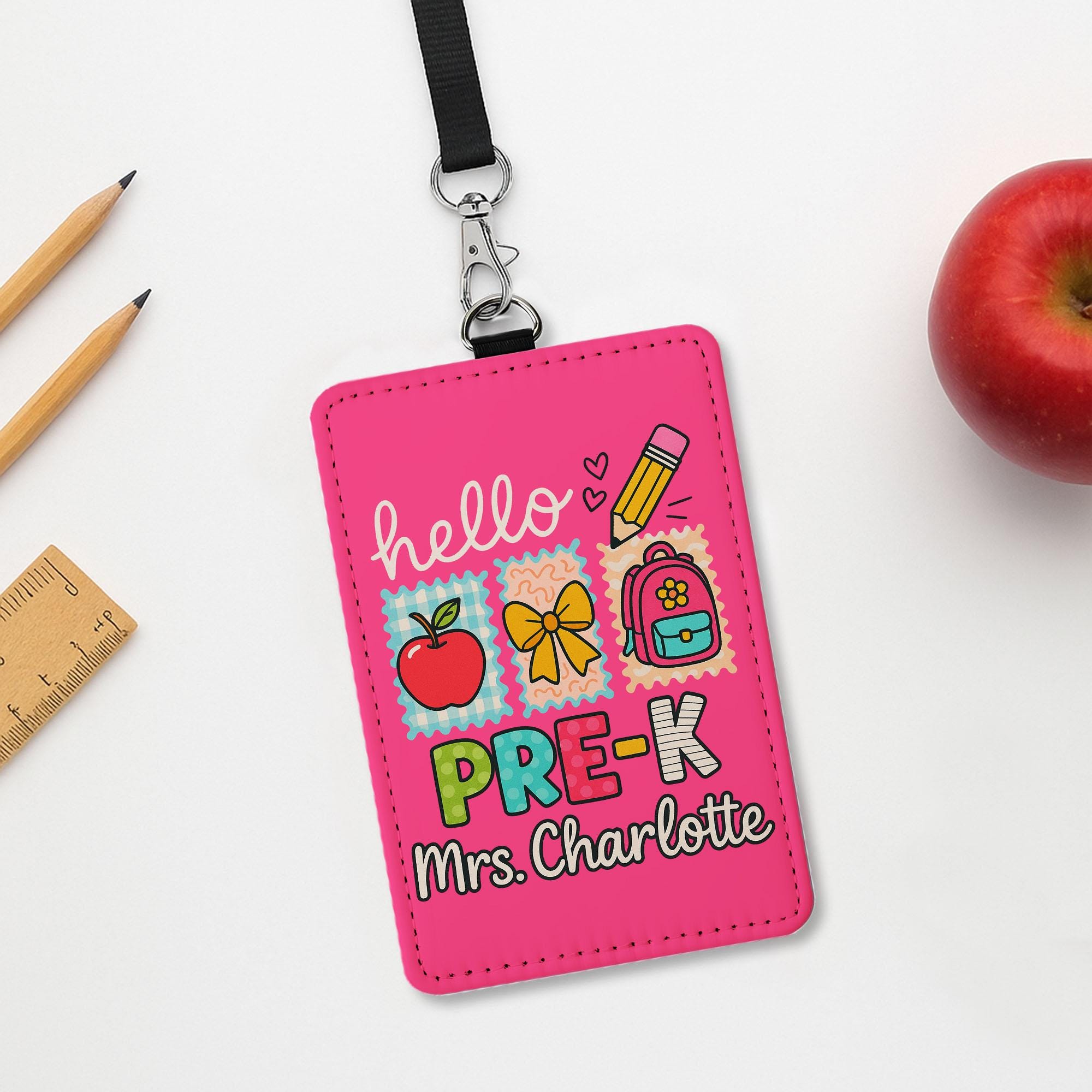 Personalized Teacher ID Badge Holder, Hello Name Tag for Teacher, Cute Lanyard Badge for School or Classroom Use