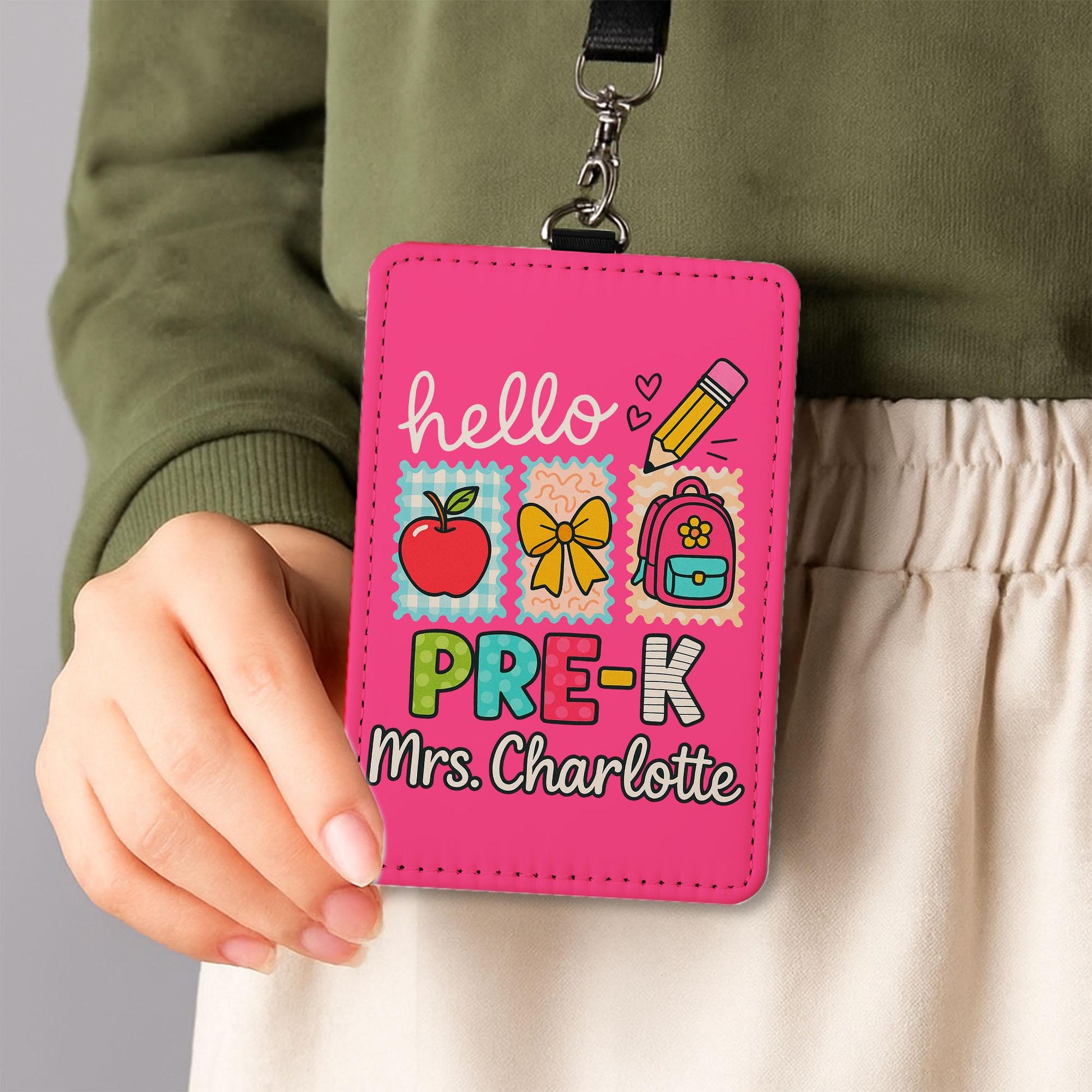 Personalized Teacher ID Badge Holder, Hello Name Tag for Teacher, Cute Lanyard Badge for School or Classroom Use