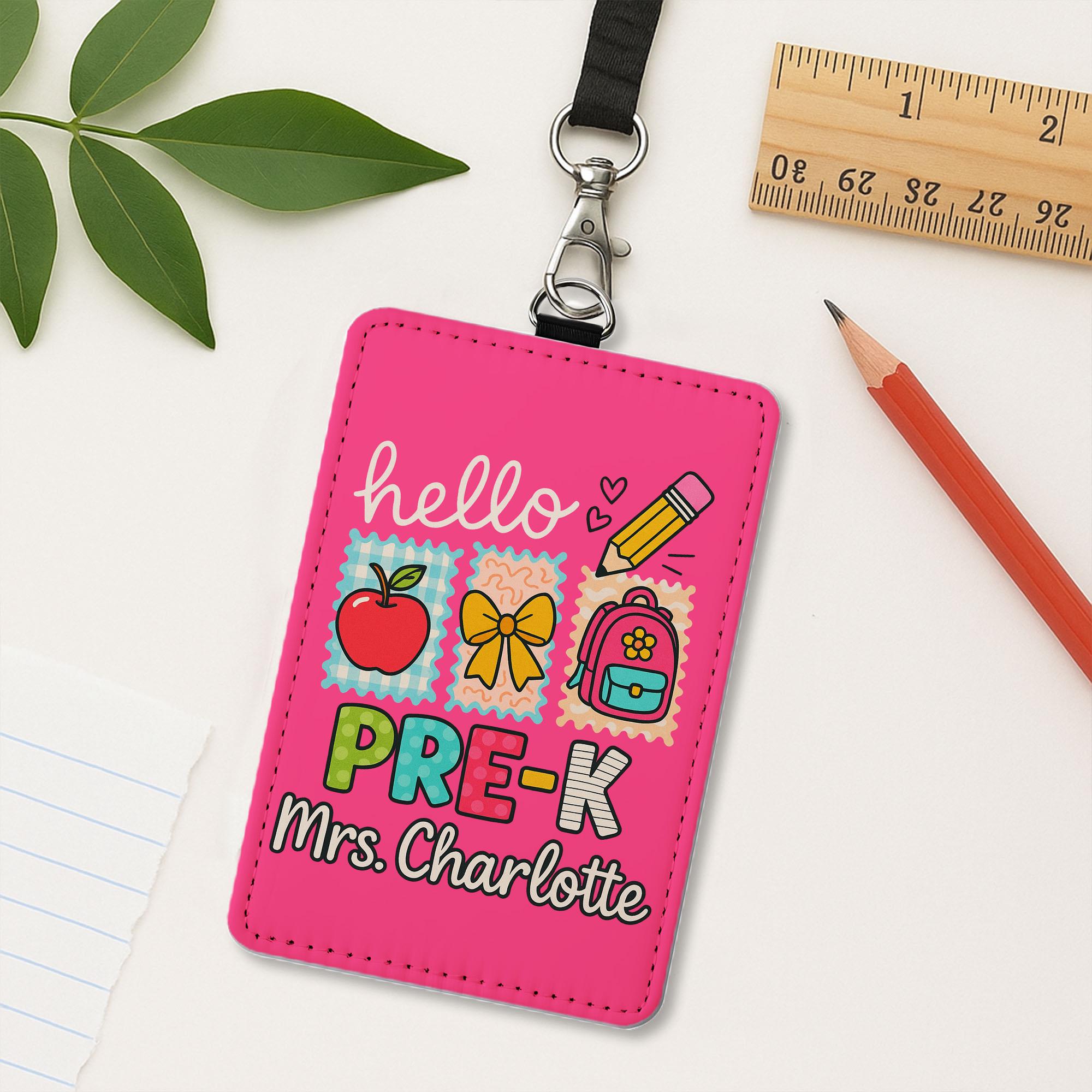 Personalized Teacher ID Badge Holder, Hello Name Tag for Teacher, Cute Lanyard Badge for School or Classroom Use