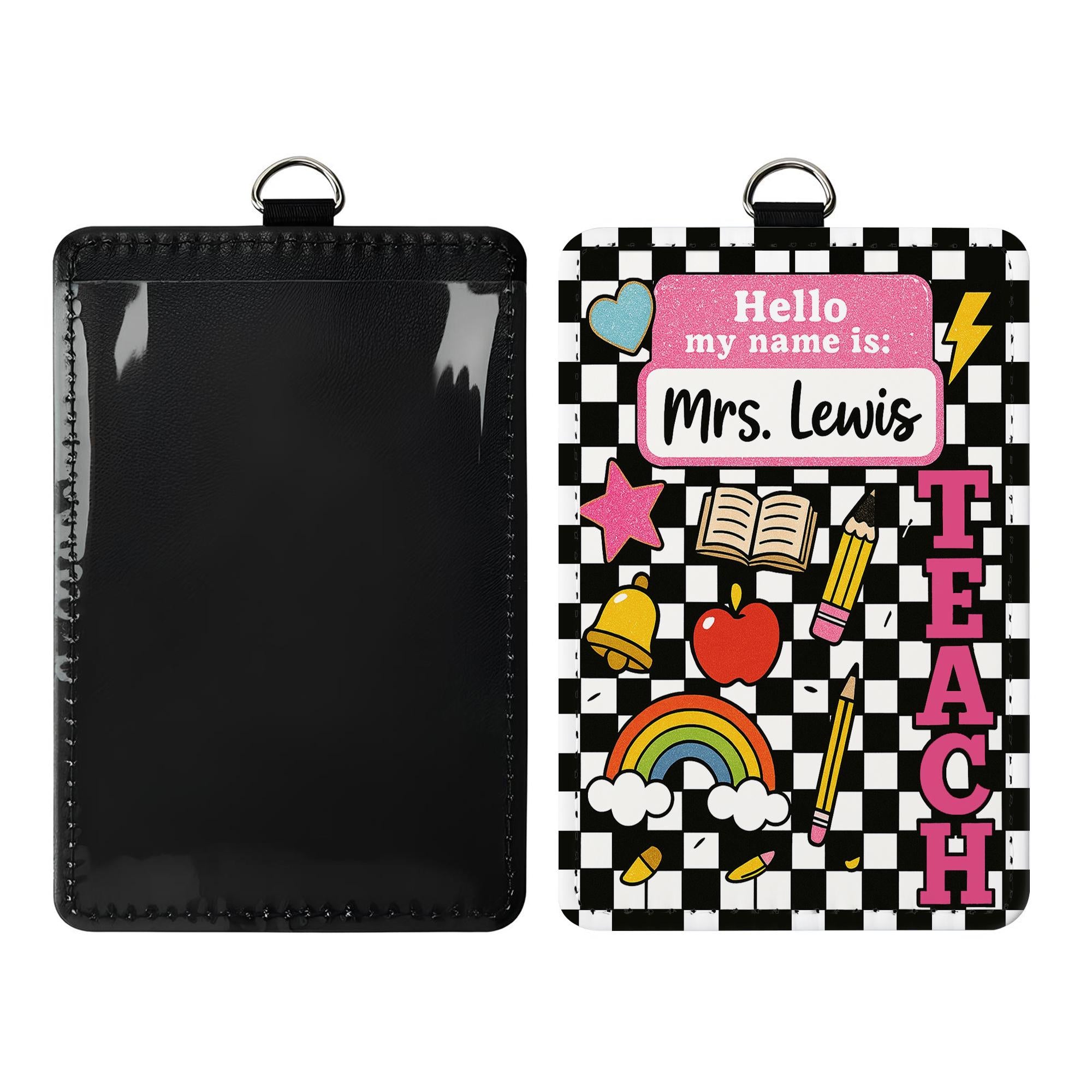 Personalized Teacher ID Badge Holder, Hello My Name Is Tag for Teacher, Cute Checkerboard Lanyard Accessory for Educators