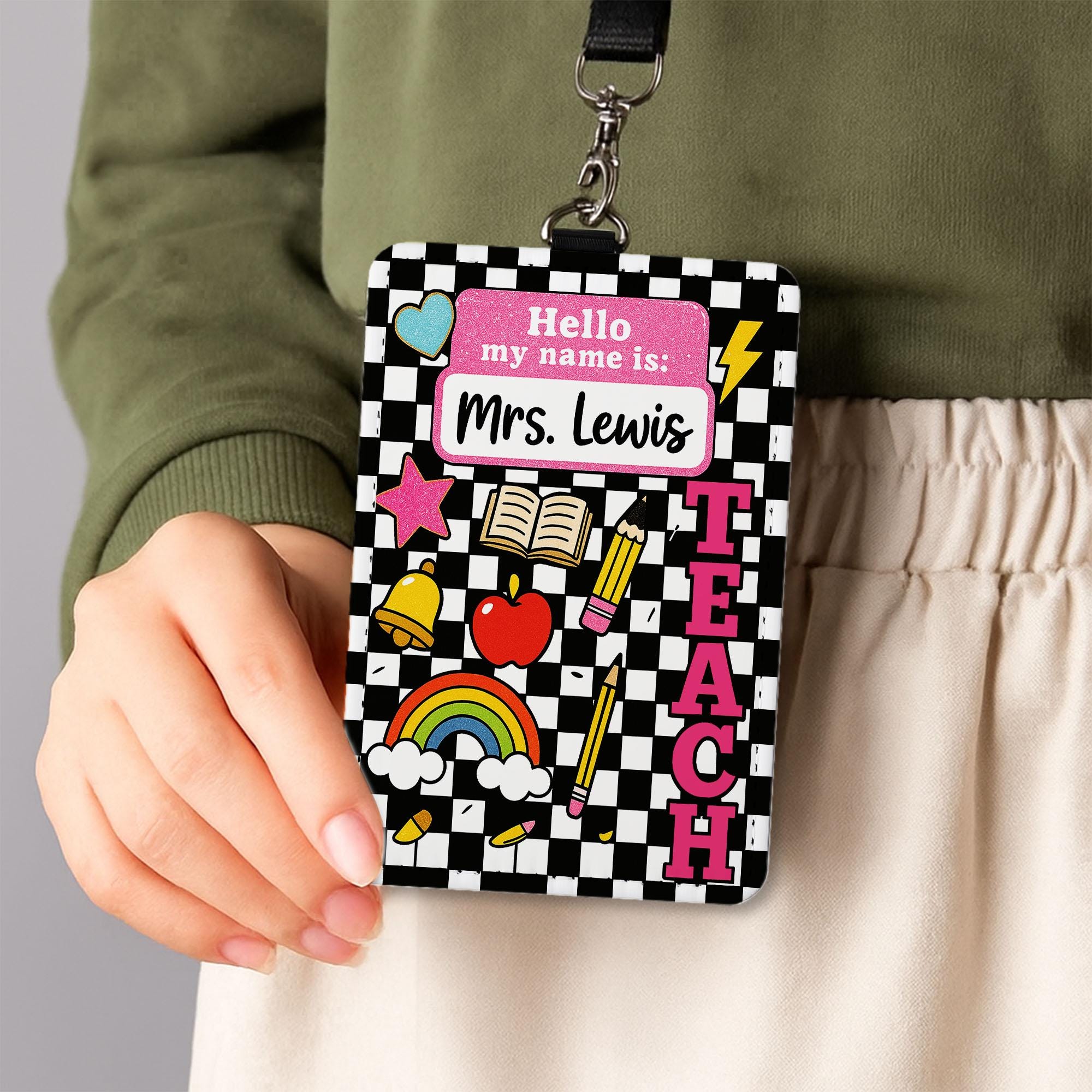 Personalized Teacher ID Badge Holder, Hello My Name Is Tag for Teacher, Cute Checkerboard Lanyard Accessory for Educators