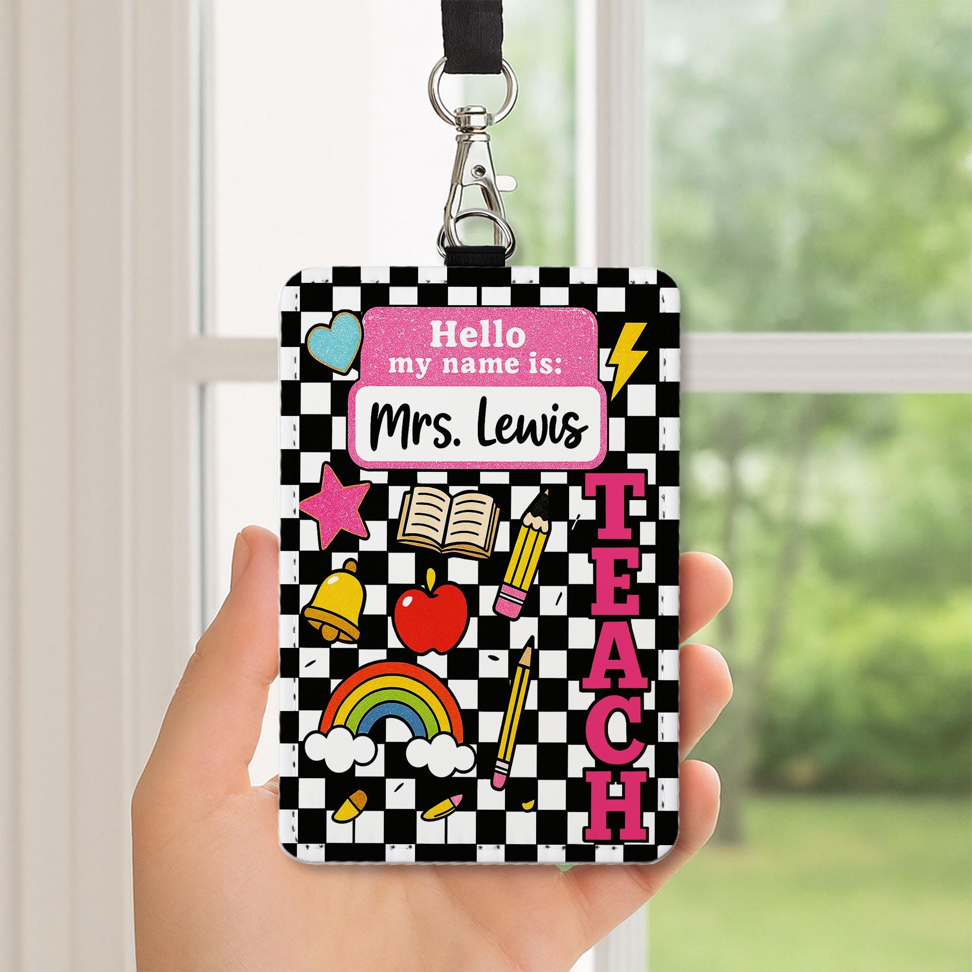 Personalized Teacher ID Badge Holder, Hello My Name Is Tag for Teacher, Cute Checkerboard Lanyard Accessory for Educators