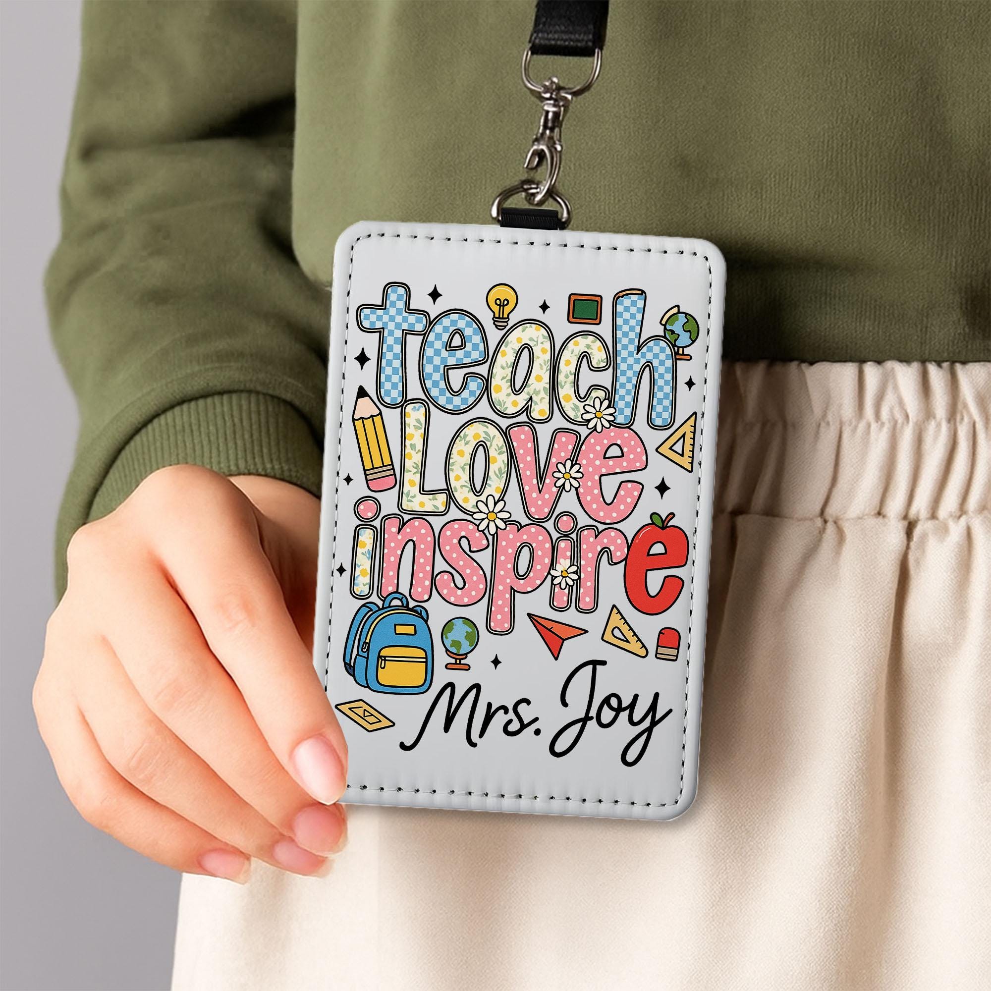 Teach Love Inspire Teacher ID Badge, Personalized Name Tag for Teacher, Cute Classroom Lanyard Holder for School Staff