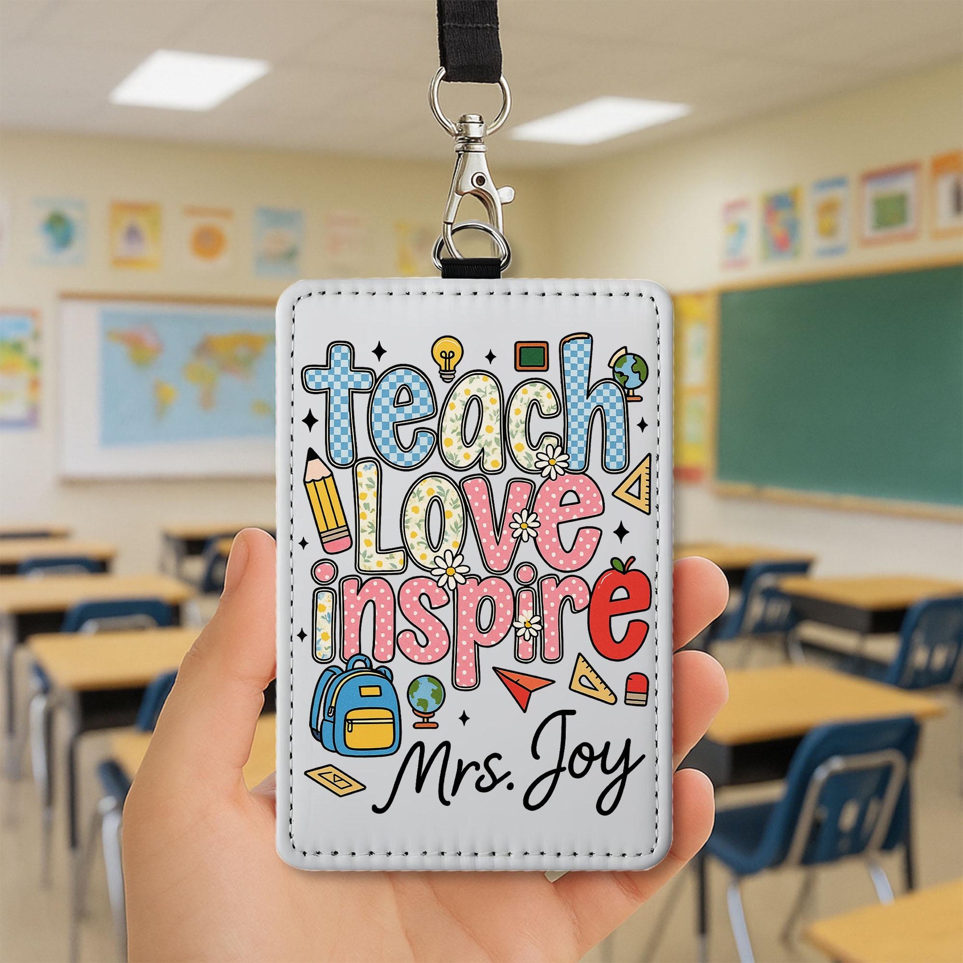 Teach Love Inspire Teacher ID Badge, Personalized Name Tag for Teacher, Cute Classroom Lanyard Holder for School Staff