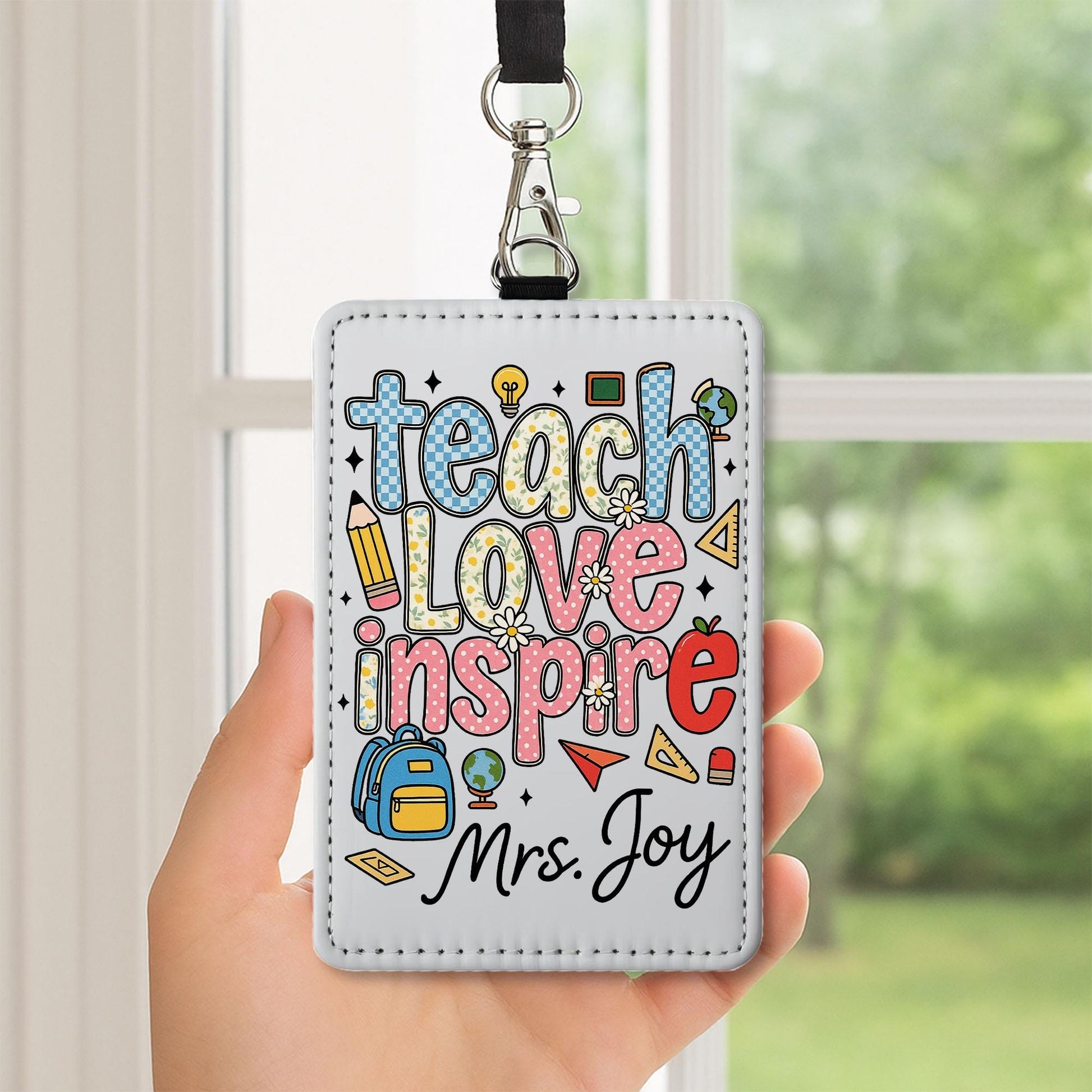Teach Love Inspire Teacher ID Badge, Personalized Name Tag for Teacher, Cute Classroom Lanyard Holder for School Staff