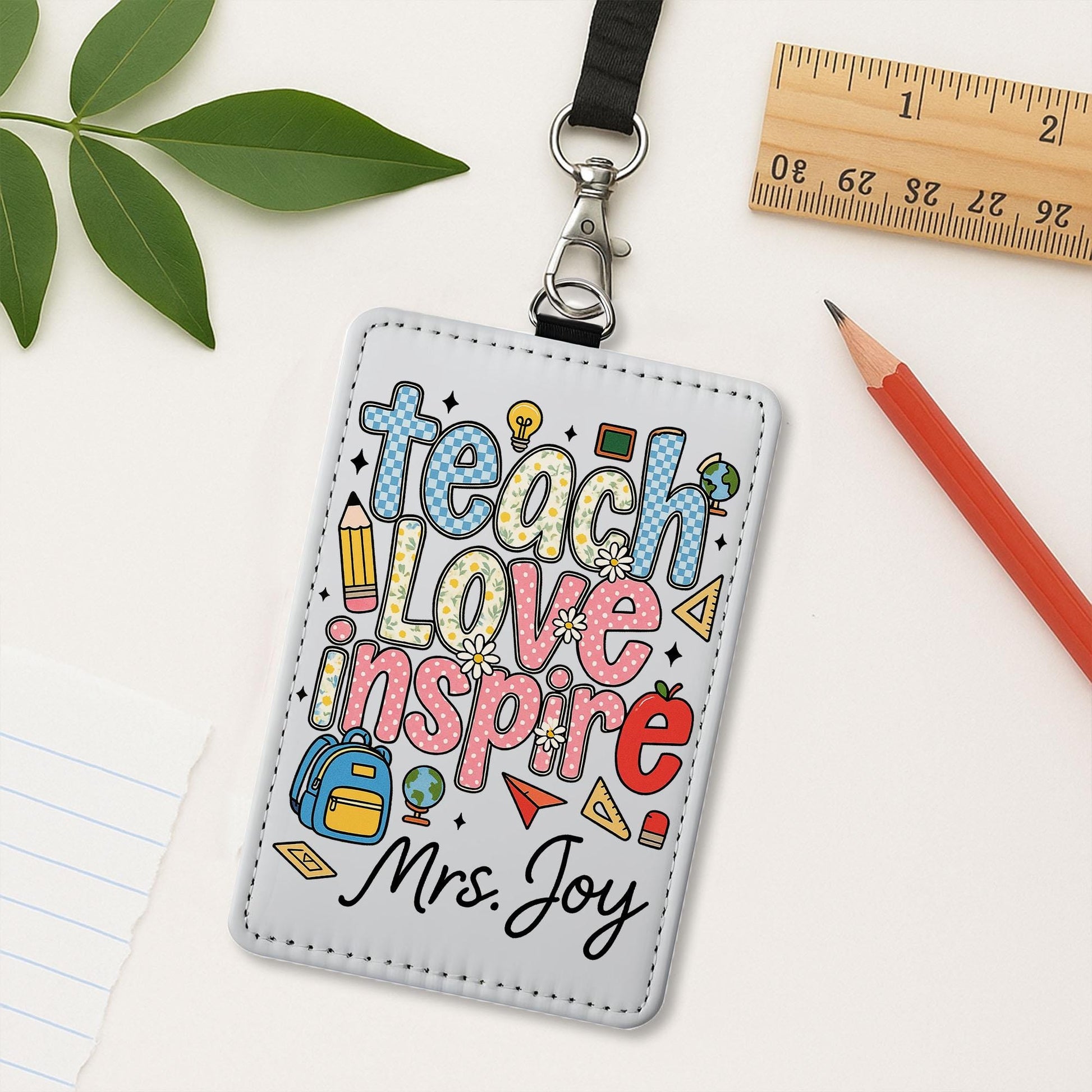 Teach Love Inspire Teacher ID Badge, Personalized Name Tag for Teacher, Cute Classroom Lanyard Holder for School Staff
