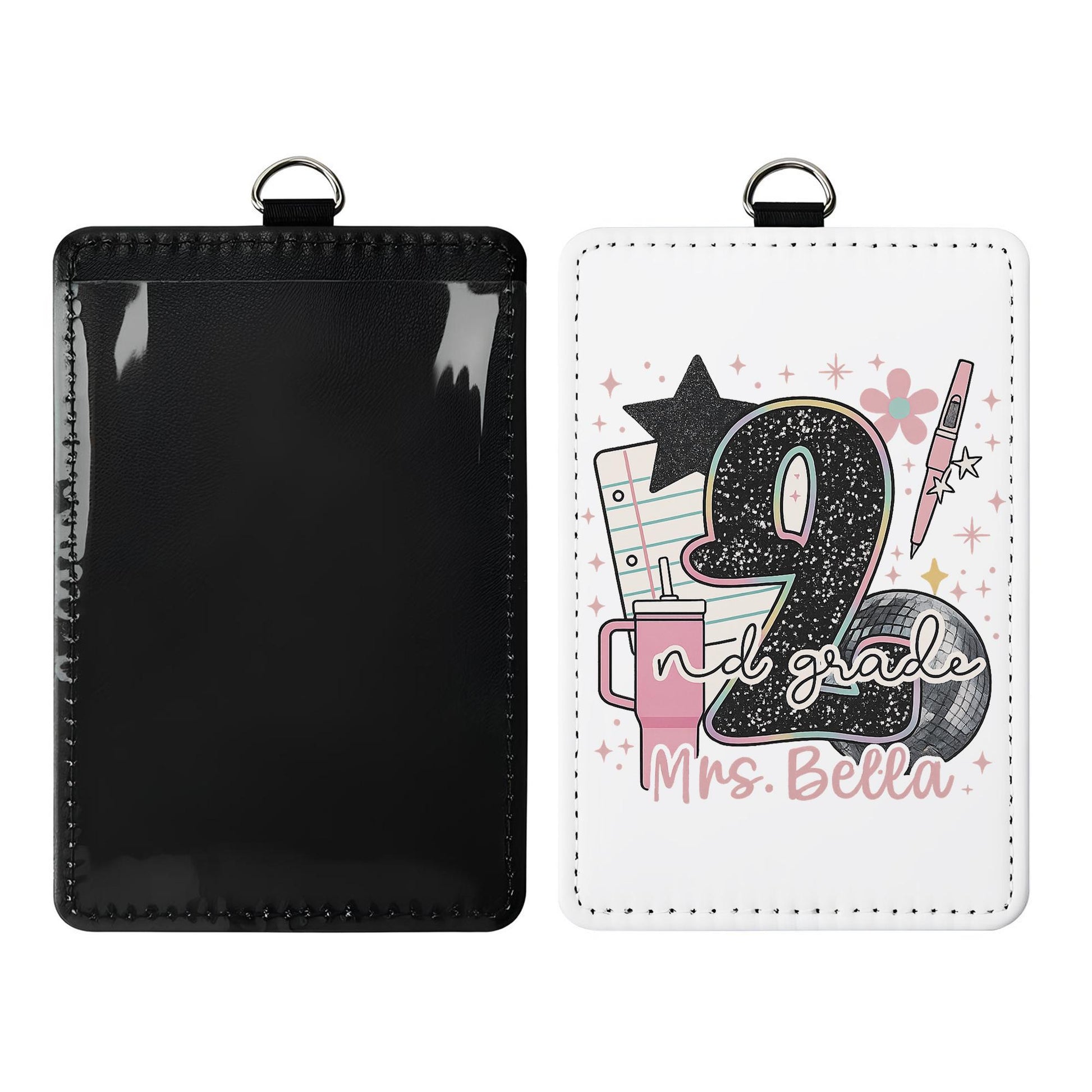 2nd Grade Teacher ID Badge Holder, Personalized Name Tag for Teacher, Cute Pink Glitter School Lanyard for Classroom Staff