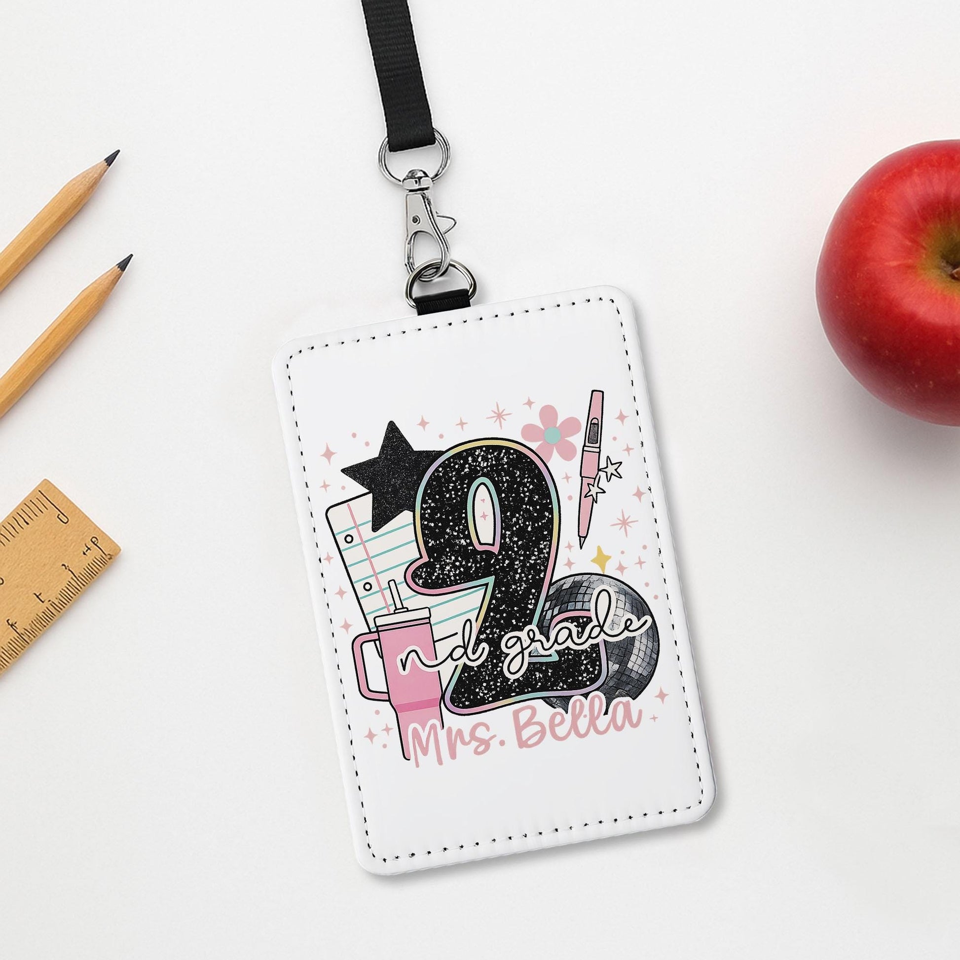 2nd Grade Teacher ID Badge Holder, Personalized Name Tag for Teacher, Cute Pink Glitter School Lanyard for Classroom Staff