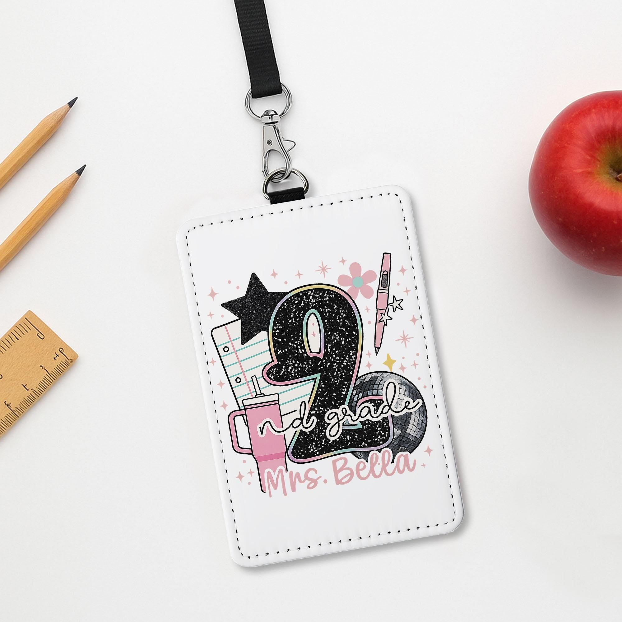 2nd Grade Teacher ID Badge Holder, Personalized Name Tag for Teacher, Cute Pink Glitter School Lanyard for Classroom Staff