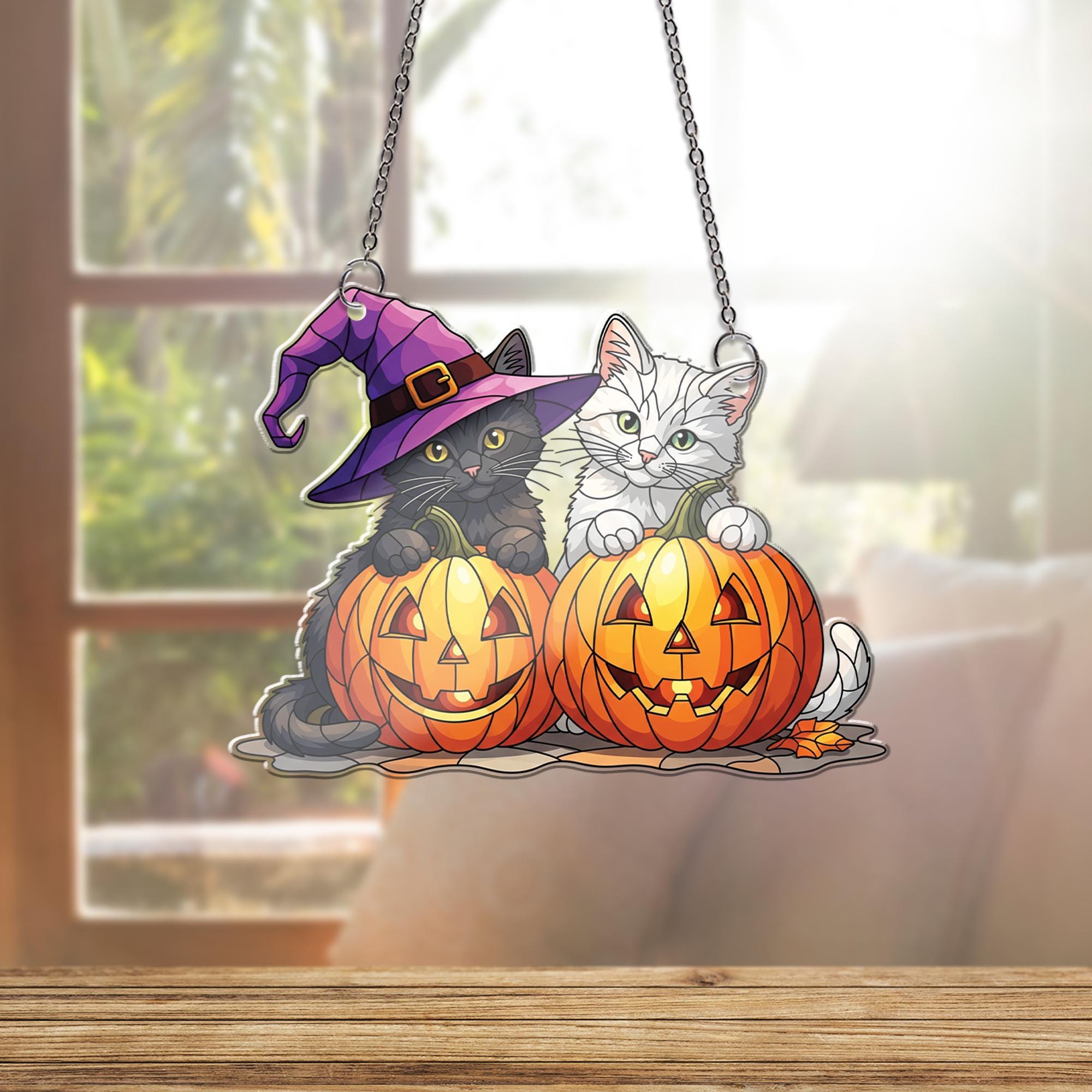 Halloween Cat Window Hanging – Cute Black & White Kittens in Pumpkins, Witch Hat Suncatcher, Fall Decor, Cat Lover Gift