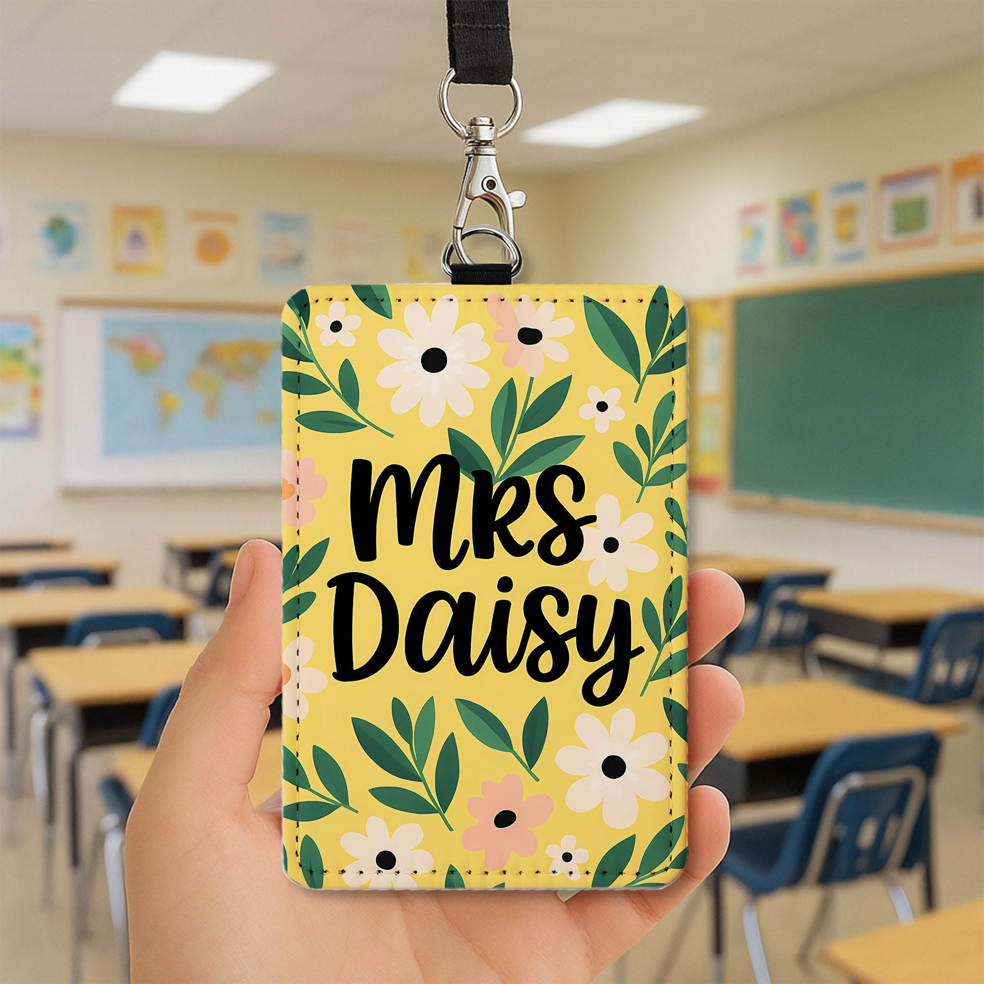 Floral Teacher ID Badge Holder, Personalized Name Tag for Teacher, Cute Pink Flower Lanyard Accessory for Classroom or School
