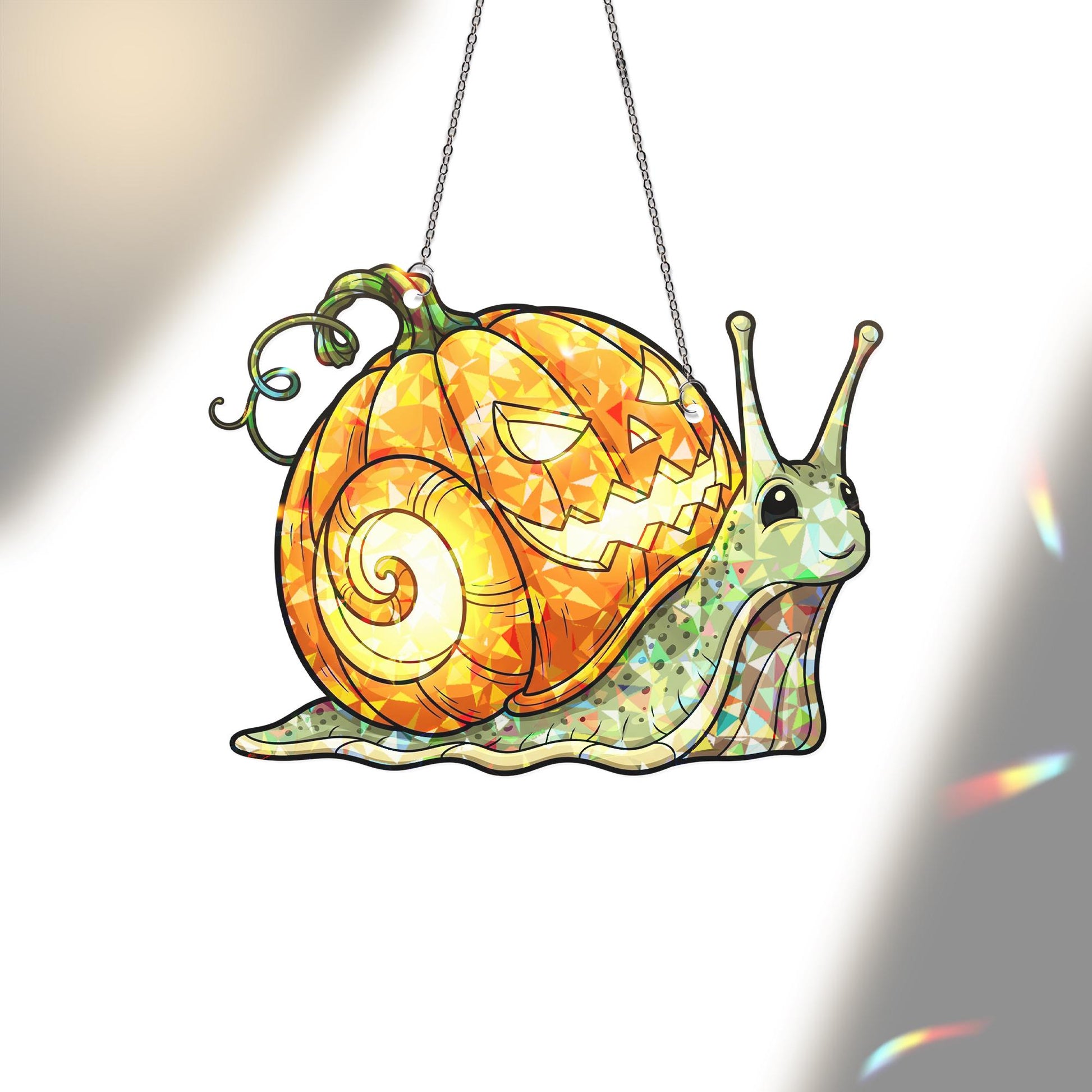 Halloween Snail Pumpkin Suncatcher - Cute Jack O Lantern Window Decor, Fall Glass Ornament